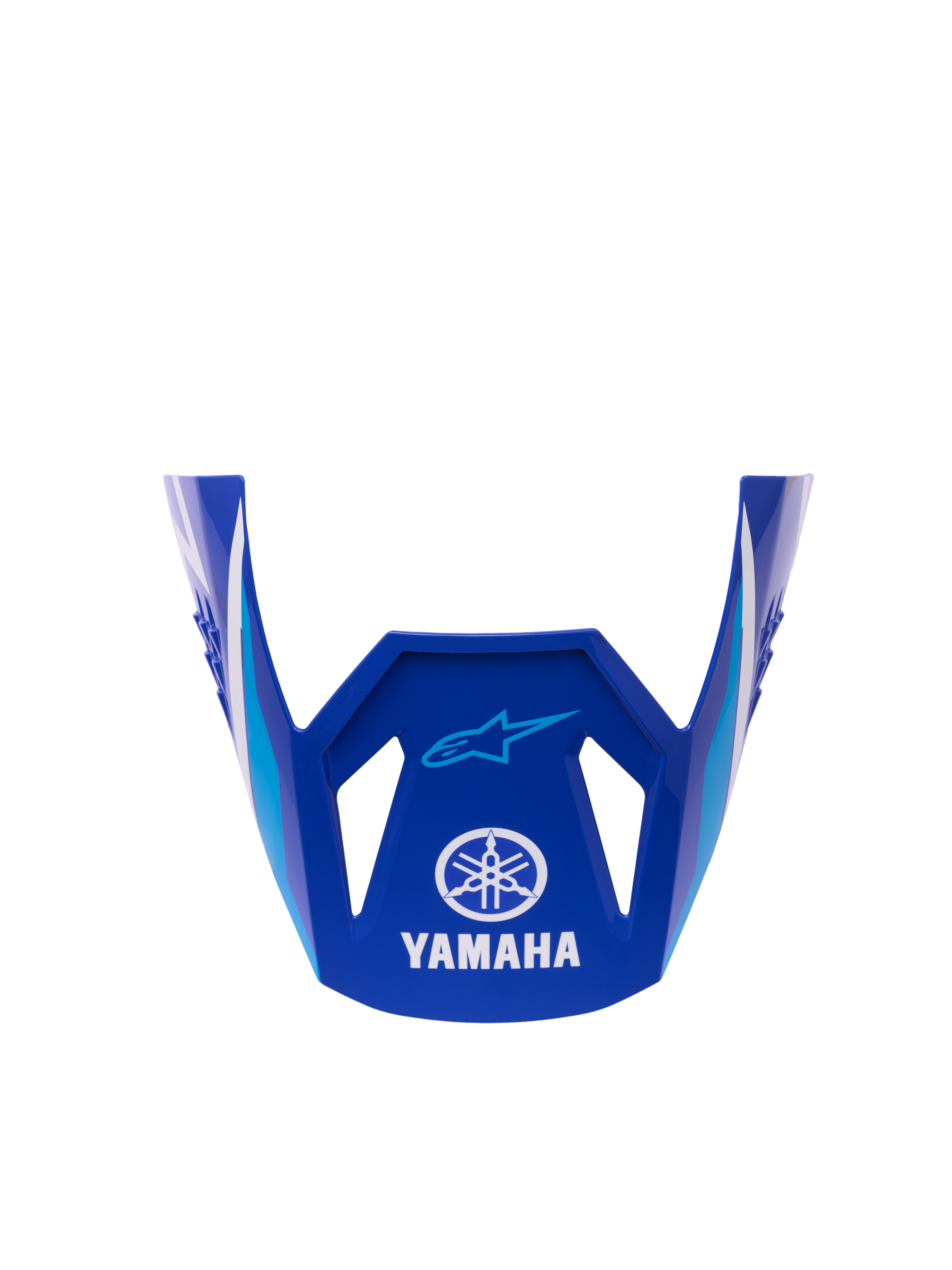 Alpinestars Yamaha S-M3 Jeugd Vizier, vervangend helmaccessoire, blauw wit glanzend, voorzien van witte Yamaha- en lichtblauwe Alpinestars-logo's, glanzende afwerking, ontworpen voor jeugd motorcrosshelmen
