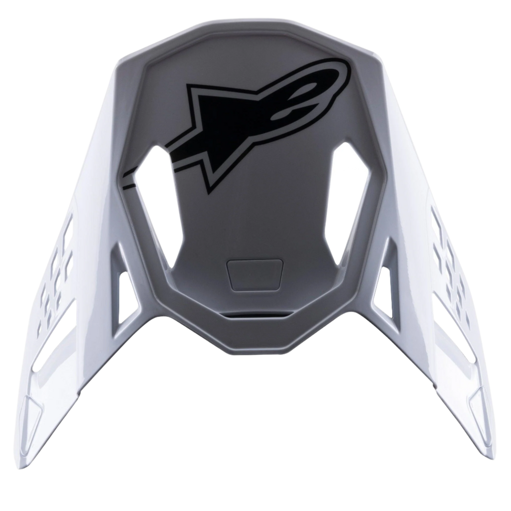 Alpinestars S-M8 Factory vizier, vervangende klep voor motorcrosshelm, wit met zwart Alpinestars-logo, glanzende afwerking, aerodynamisch ontwerp met ventilatieopeningen