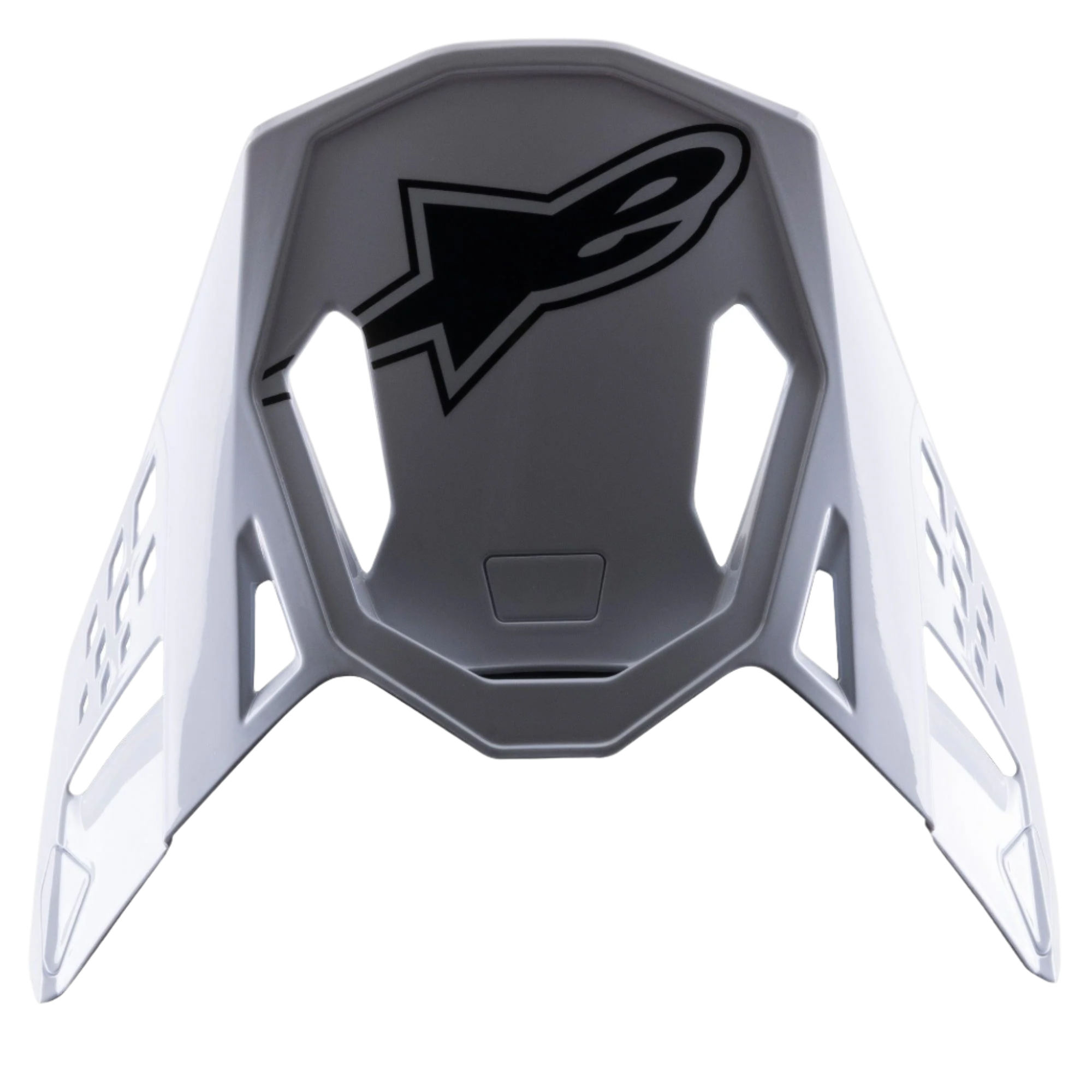 Alpinestars S-M8 Factory vizier, vervangende klep voor motorcrosshelm, wit met zwart Alpinestars-logo, glanzende afwerking, aerodynamisch ontwerp met ventilatieopeningen