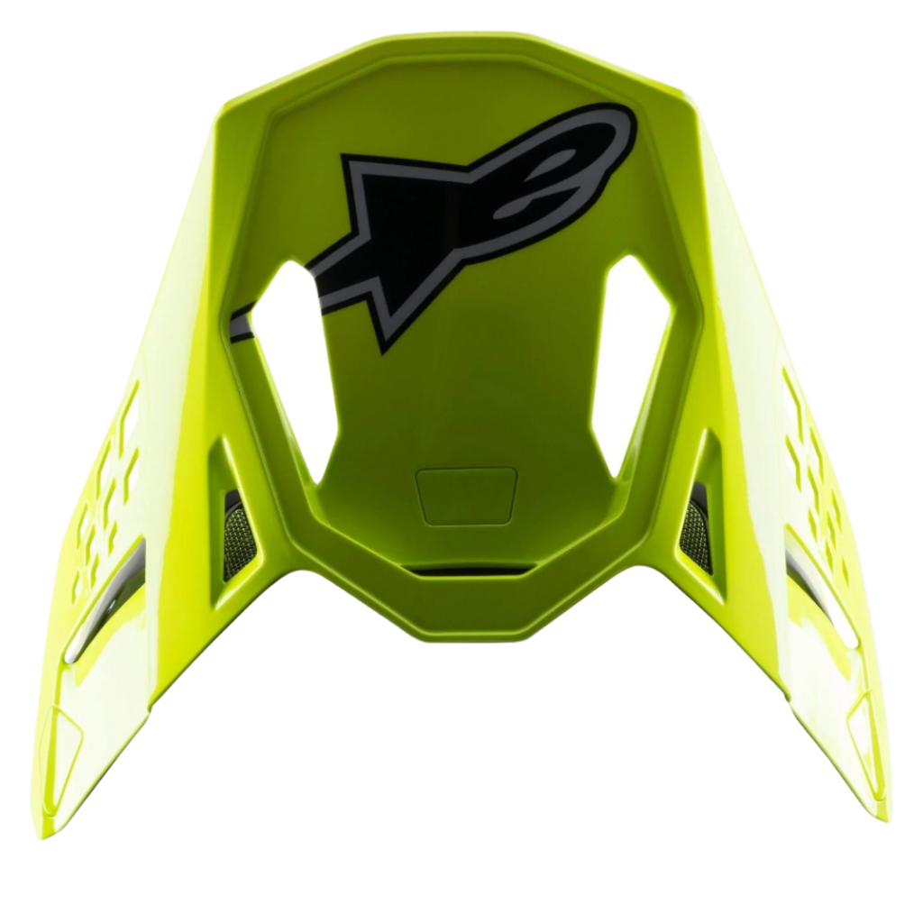Alpinestars S-M8 Factory vizier, vervangend vizier voor motorcrosshelmen, fel geel fluo, groot zwart en grijs Alpinestars-logo op de bovenkant, glanzende afwerking met aerodynamische uitsparingen, klik-bevestiging voor Supertech M8-helmen