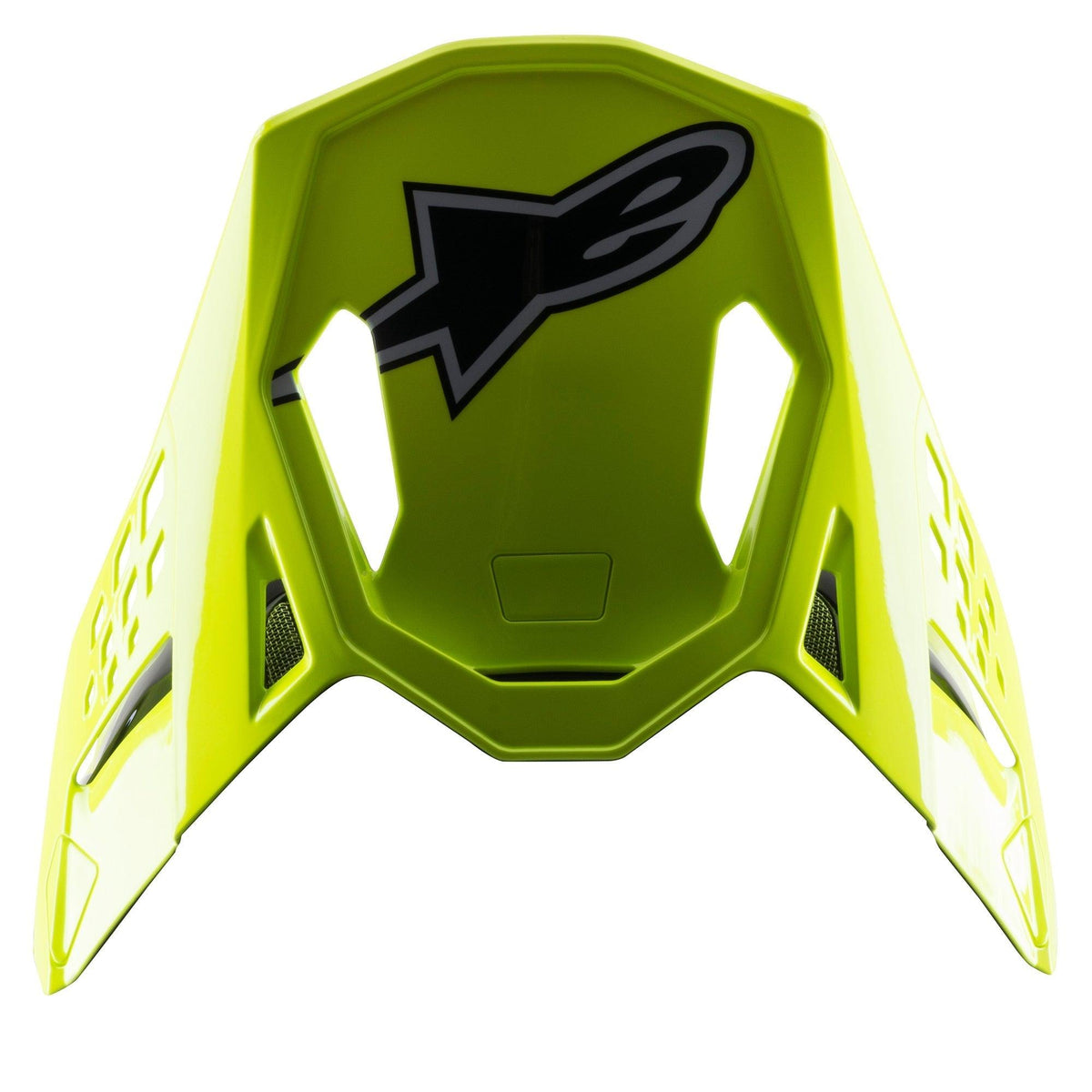 Alpinestars S-M8 Factory vizier, vervangende motorcross helmklep, felgeel fluo glanzend, voorzien van een zwart Alpinestars-logo en aerodynamische uitsparingen, compatibel met Supertech M8-helmen