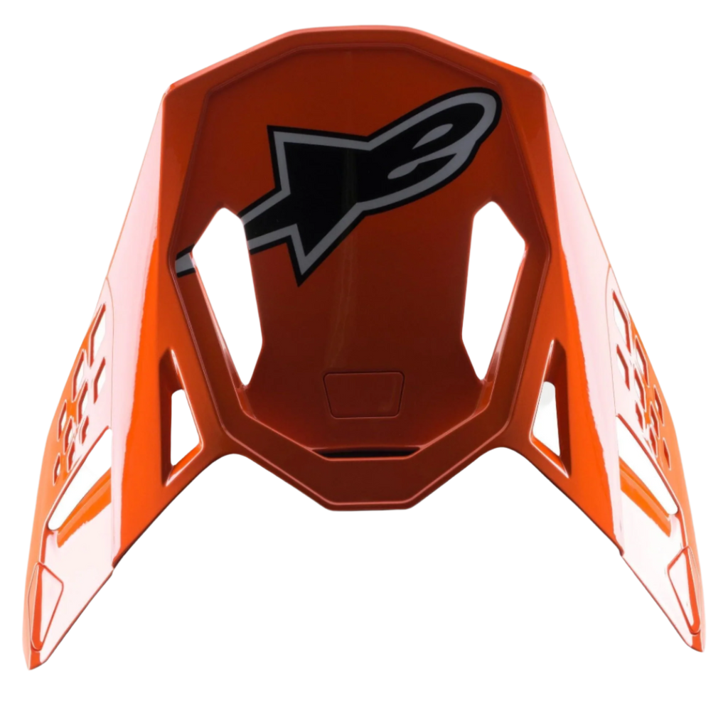 Alpinestars S-M8 Factory vizier, motocross helmaccessoire, glanzend oranje met groot zwart-wit Alpinestars-logo, aerodynamische ventilatie-uitsparingen, vervangende klep voor Supertech M8-helmen