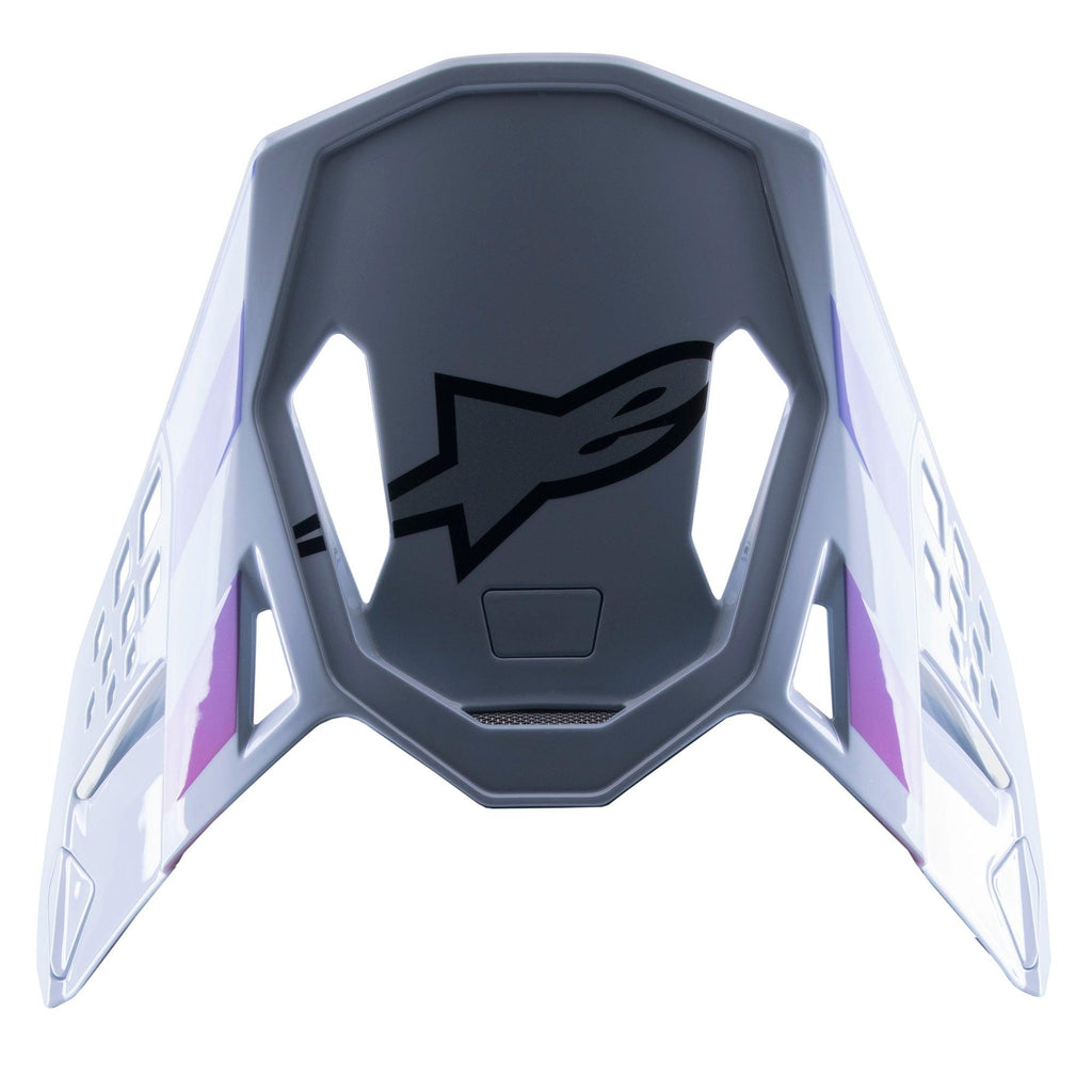 Alpinestars Supertech M10 Daytona 23 LE vizier, vervangende motorcross klep, Haze Gray met paarse en witte accenten, voorzien van een zwart logo aan de onderkant, lichtgewicht geventileerd ontwerp voor MX-racen