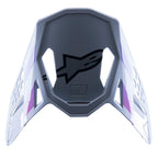 Alpinestars Supertech M10 Daytona 23 LE vizier, vervangende motorcross klep, Haze Gray met paarse en witte accenten, voorzien van een zwart logo aan de onderkant, lichtgewicht geventileerd ontwerp voor MX-racen
