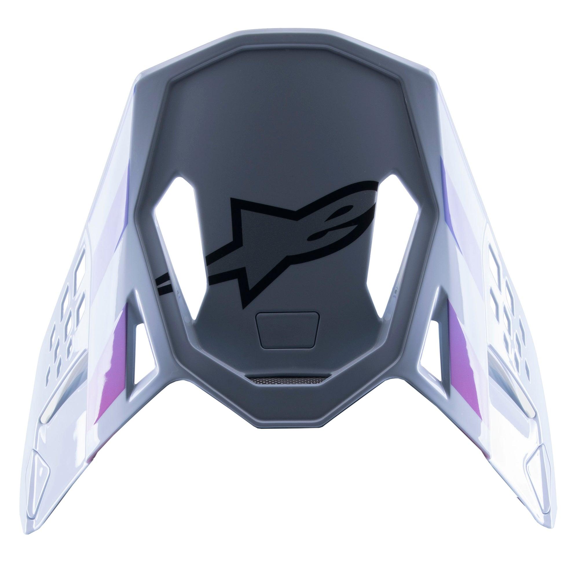 Alpinestars Supertech M10 Daytona 23 LE vizier, vervangende motorcross klep, Haze Gray met paarse en witte accenten, voorzien van een zwart logo aan de onderkant, lichtgewicht geventileerd ontwerp voor MX-racen