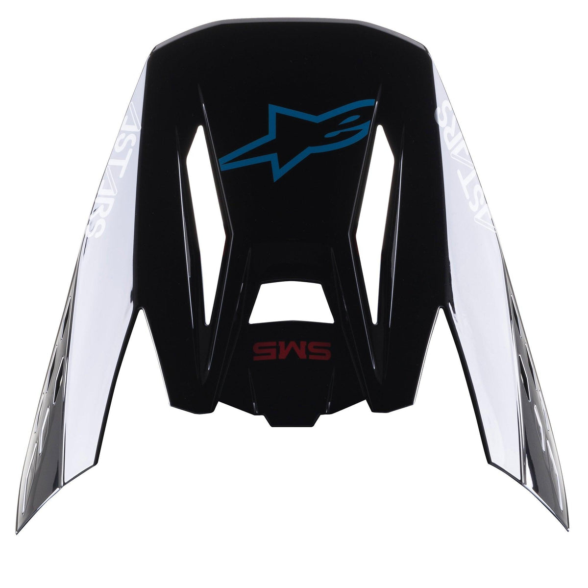 Alpinestars S-M5 Bond vizier, vervangend vizier voor motorcrosshelm, zwart cyaan glanzend, voorzien van een blauw Alpinestars sterlogo en witte zijpanelen met 'ASTARS' tekst, ontworpen voor off-road racen