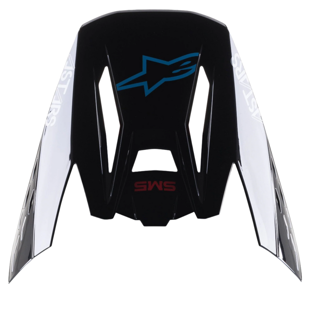 Alpinestars S-M5 Bond helmvizier, vervangende klep voor motorcrosshelmen, Zwart Cyan Glanzend met witte Astars-branding aan de zijkanten, bovenaanzicht met blauw sterlogo en rode SM5-tekst