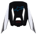 Alpinestars S-M5 Bond helmvizier, vervangende klep voor motorcrosshelmen, Zwart Cyan Glanzend met witte Astars-branding aan de zijkanten, bovenaanzicht met blauw sterlogo en rode SM5-tekst