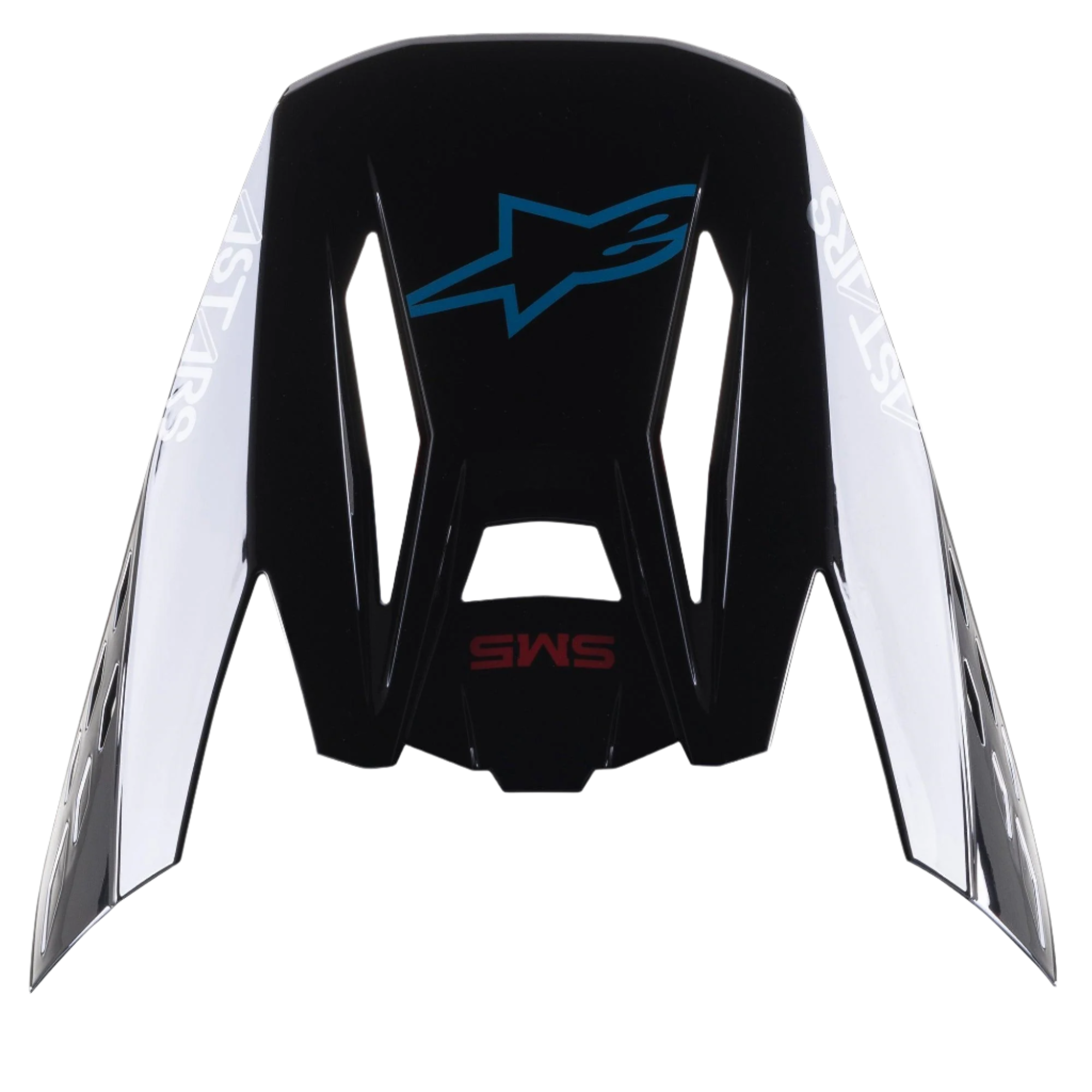 Alpinestars S-M5 Bond helmvizier, vervangende klep voor motorcrosshelmen, Zwart Cyan Glanzend met witte Astars-branding aan de zijkanten, bovenaanzicht met blauw sterlogo en rode SM5-tekst