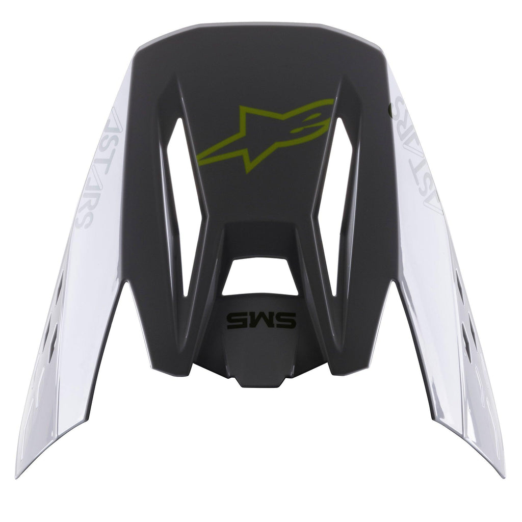 Alpinestars S-M5 Bond Vizier, vervangende helmklep, Silver Yellow Fluo Glossy, centraal geel fluo sterlogo, SM5-tekst, witte zijpanelen met ASTARS-branding, glanzende afwerking voor motorcross-bescherming