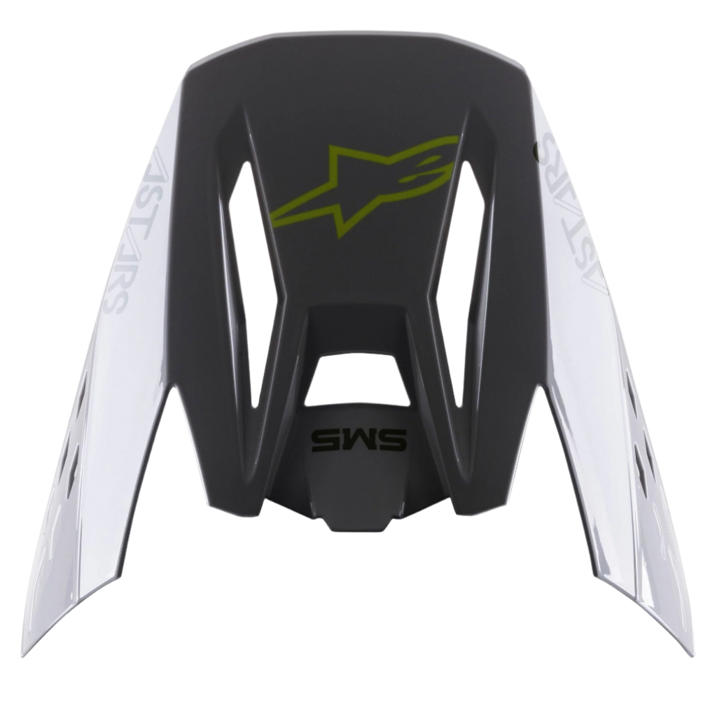 Alpinestars S-M5 Bond vizier, helmaccessoire, Silver Yellow Fluo Glossy, donkergrijs middengedeelte met een geel fluo logo, zilveren zijpanelen met Astars-branding, glanzende afwerking, vervangende klep voor S-M5 motorcrosshelmen