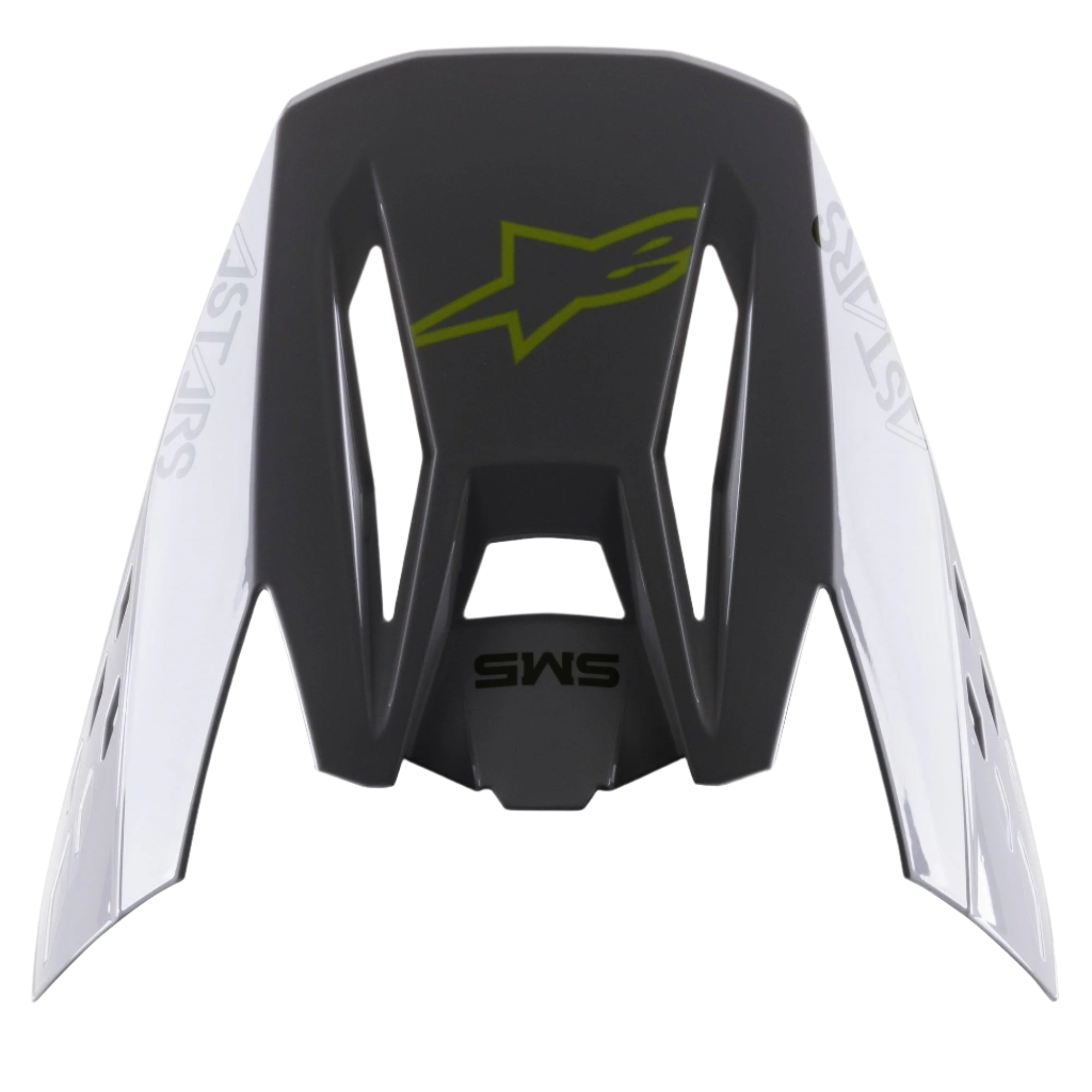Alpinestars S-M5 Bond vizier, helmaccessoire, Silver Yellow Fluo Glossy, donkergrijs middengedeelte met een geel fluo logo, zilveren zijpanelen met Astars-branding, glanzende afwerking, vervangende klep voor S-M5 motorcrosshelmen