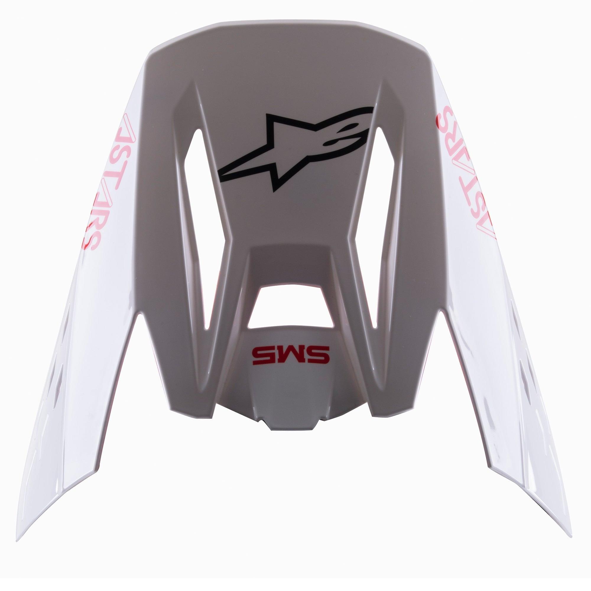 Alpinestars S-M5 Bond White Red Glossy vizier, vervangende motorcross helmklep, glanzend wit met rode ASTARS- en SM5-branding, zwart sterlogo, aerodynamisch ontwerp voor off-road racing