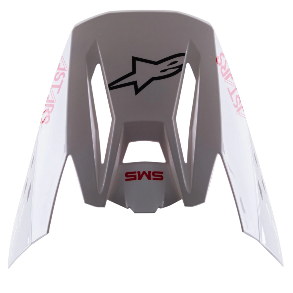 Alpinestars S-M5 Bond White Red Glossy vizier, vervangende motorcross helmklep, voorzien van een glanzend witte afwerking met rode 'SM5' en 'ASTARS' branding, centraal zwart sterlogo, klikaccessoire voor off-road race-uitrusting