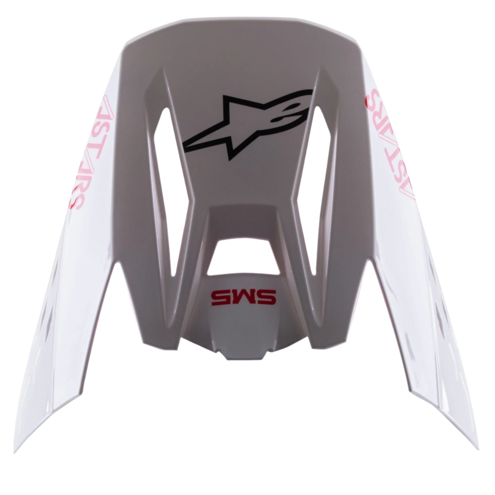 Alpinestars S-M5 Bond White Red Glossy vizier, vervangende motorcross helmklep, voorzien van een glanzend witte afwerking met rode 'SM5' en 'ASTARS' branding, centraal zwart sterlogo, klikaccessoire voor off-road race-uitrusting