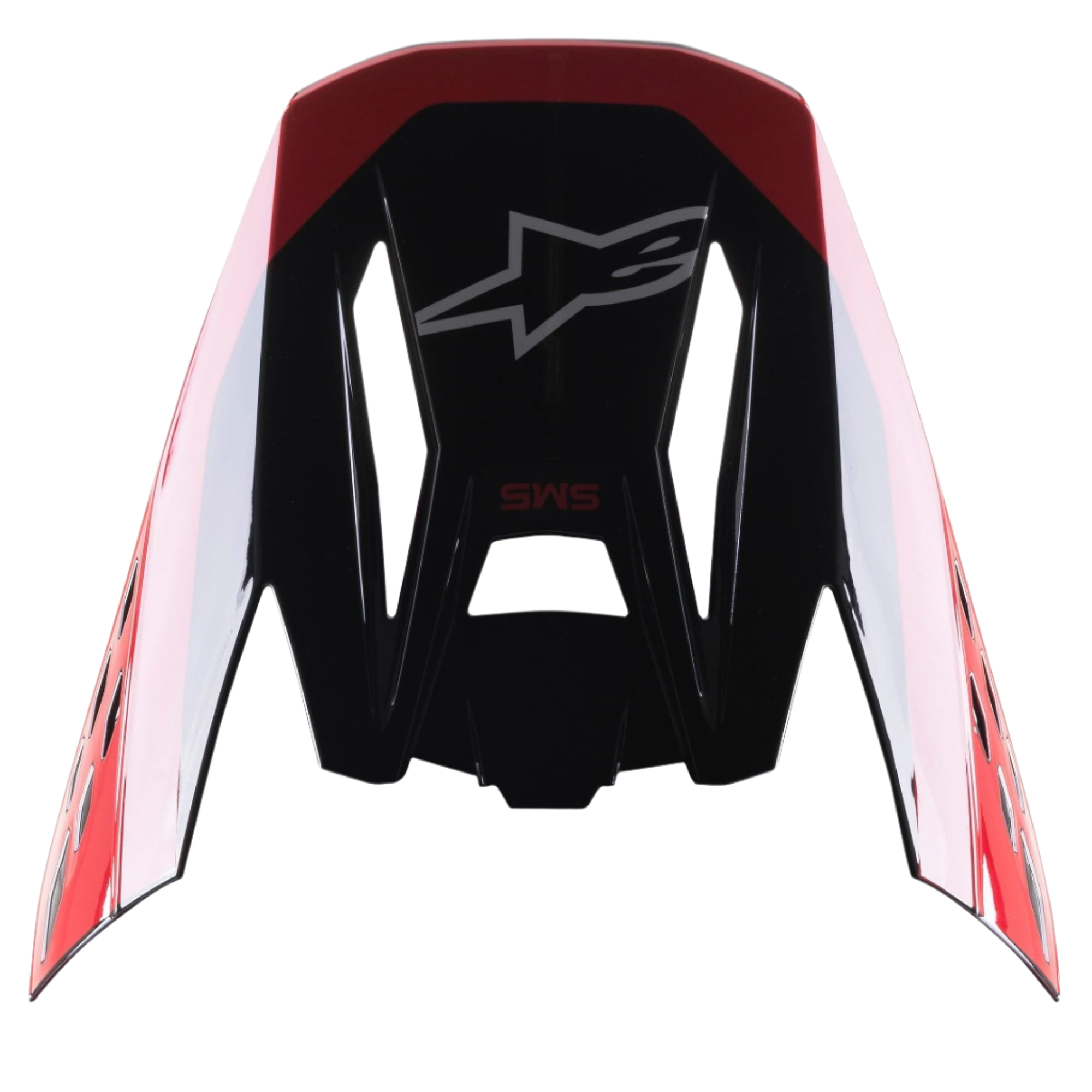 Alpinestars S-M5 Beam Black Red Glossy vizier, vervangend onderdeel voor motorcrosshelmen, glanzende afwerking met rode accenten, voorzien van het Astars-logo en SM5-tekst, ontworpen voor off-road en motorcross