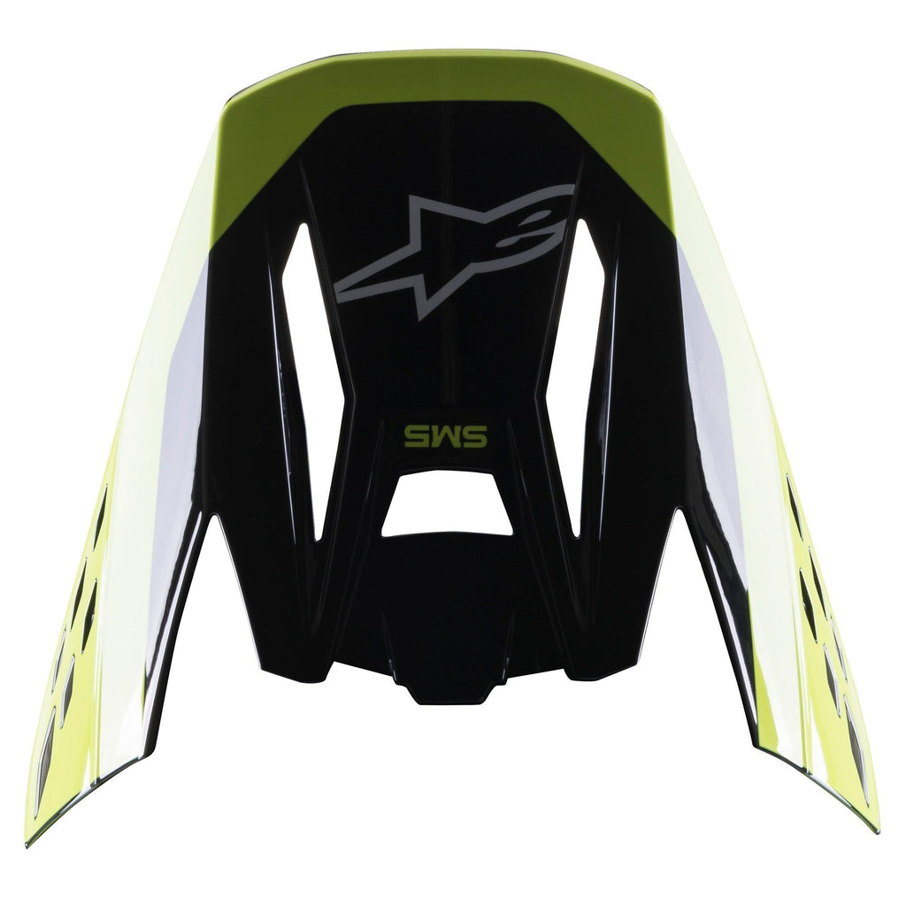 Alpinestars S-M5 Beam-vizier, motorcross helmaccessoire, zwart en fluo geel glanzend, voorzien van S-M5 branding en Alpinestars-logo, glanzende afwerking voor off-road racehelmen
