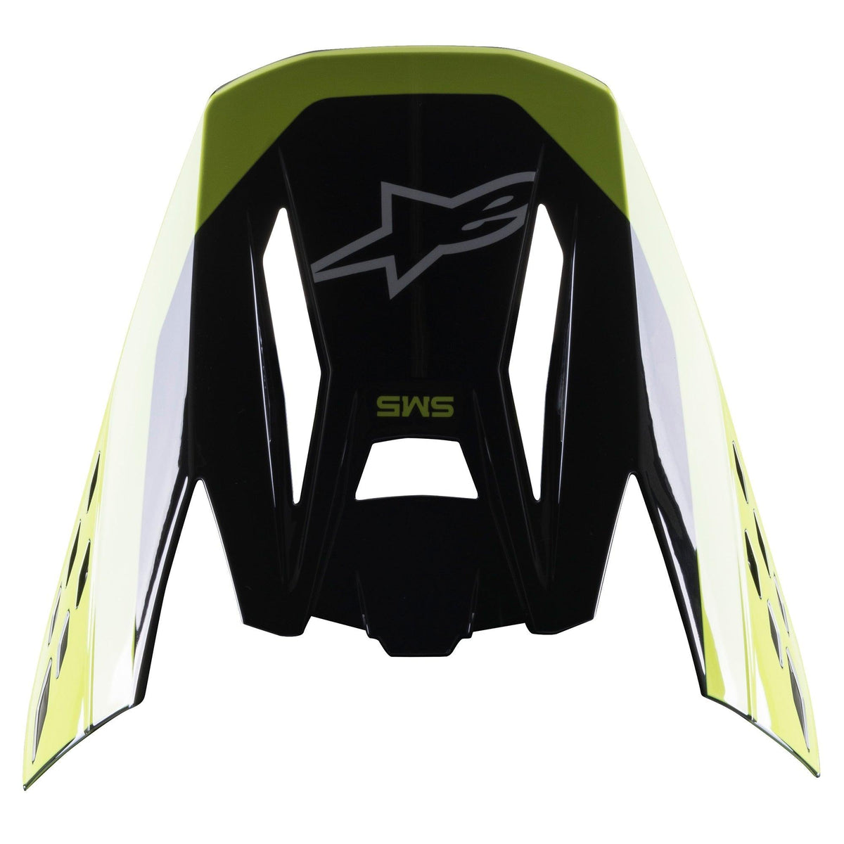 Alpinestars S-M5 Beam-vizier, motorcross helmaccessoire, zwart en fluo geel glanzend, voorzien van S-M5 branding en Alpinestars-logo, glanzende afwerking voor off-road racehelmen