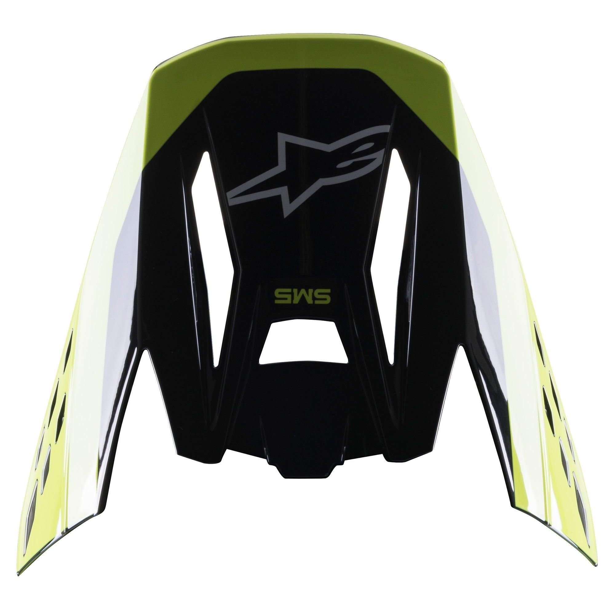 Alpinestars S-M5 Beam-vizier, motorcross helmaccessoire, zwart en fluo geel glanzend, voorzien van S-M5 branding en Alpinestars-logo, glanzende afwerking voor off-road racehelmen
