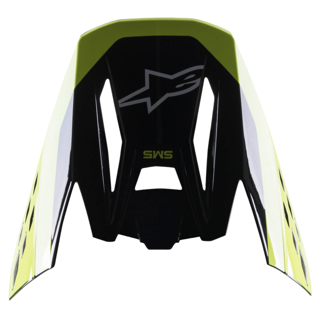Alpinestars S-M5 Beam vizier, helmaccessoire, zwart en fluoriserend geel glanzend, voorzien van Alpinestars sterlogo en SM5-branding, vervangende klep voor motorcrosshelmen