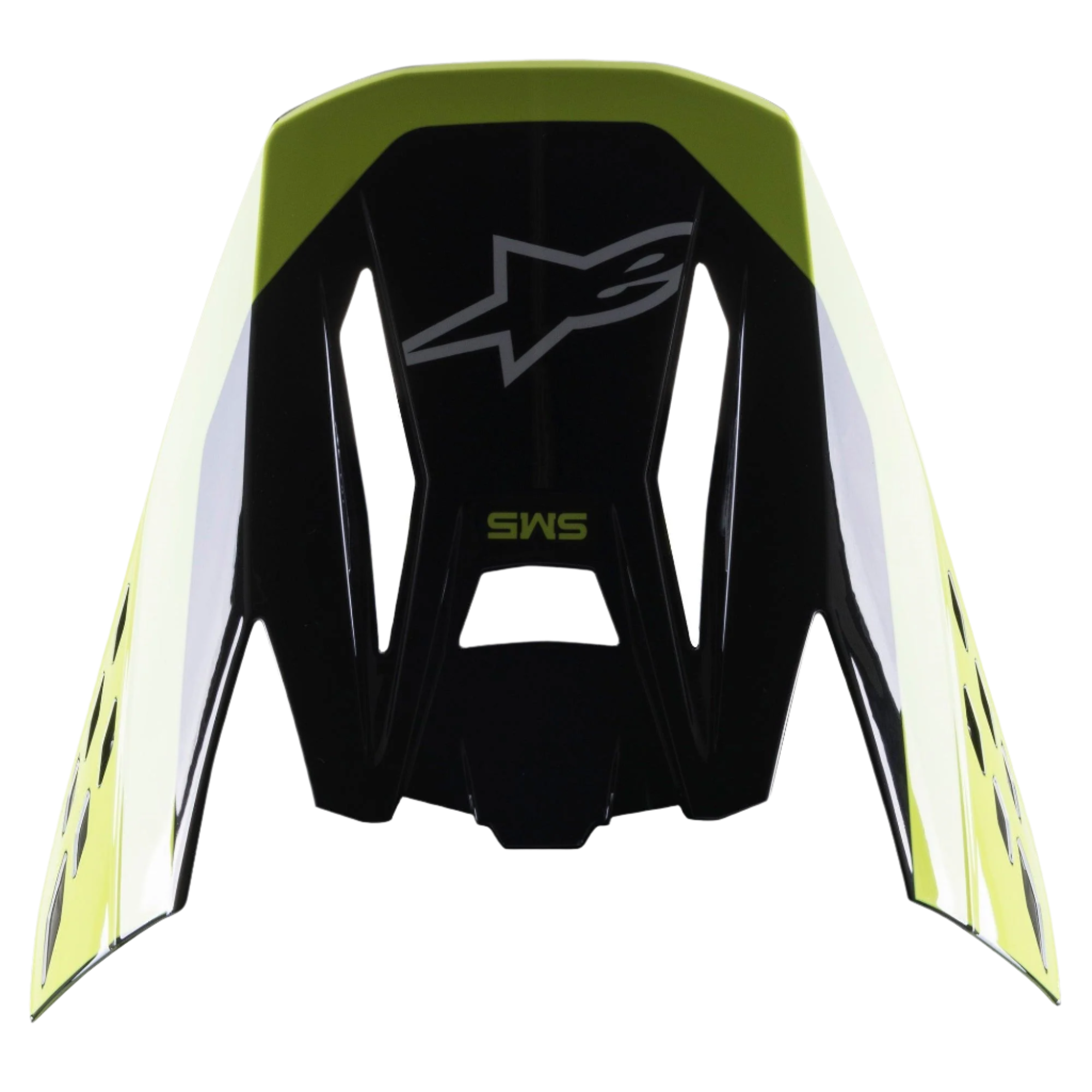 Alpinestars S-M5 Beam vizier, helmaccessoire, zwart en fluoriserend geel glanzend, voorzien van Alpinestars sterlogo en SM5-branding, vervangende klep voor motorcrosshelmen