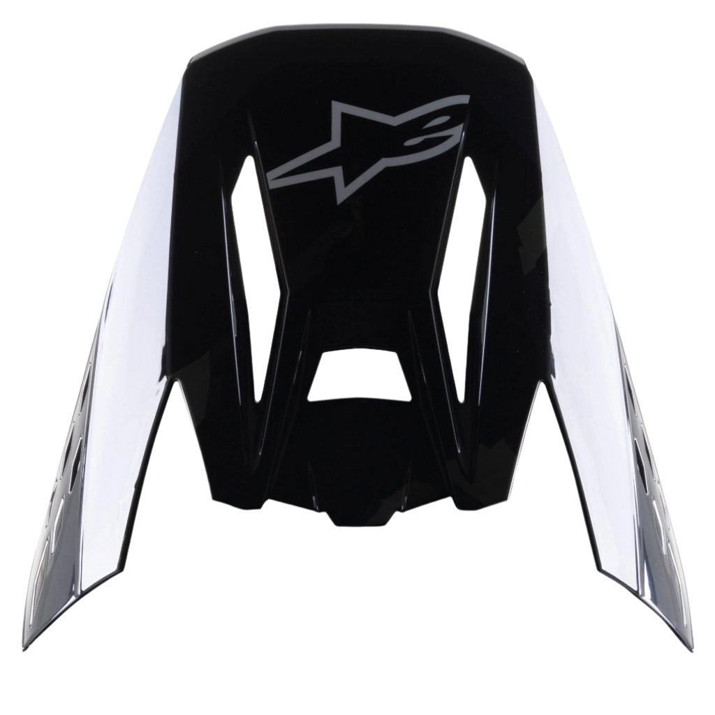 Alpinestars S-M5 Rover vizier, motocross helm accessoire, Black Anthracite Camo Glossy, glanzende zwarte afwerking met grijs ster-logo, aerodynamisch ontwerp met uitsparingen voor luchtstroom