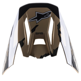Alpinestars S-M5 Rover Vizier, vervangende helmklep, Sand Tangerine Camo Glossy, bruine basis met zwarte camouflage-accenten, voorzien van Alpinestars-logo en SM5-branding, hoekig ontwerp voor motorcrosshelmen