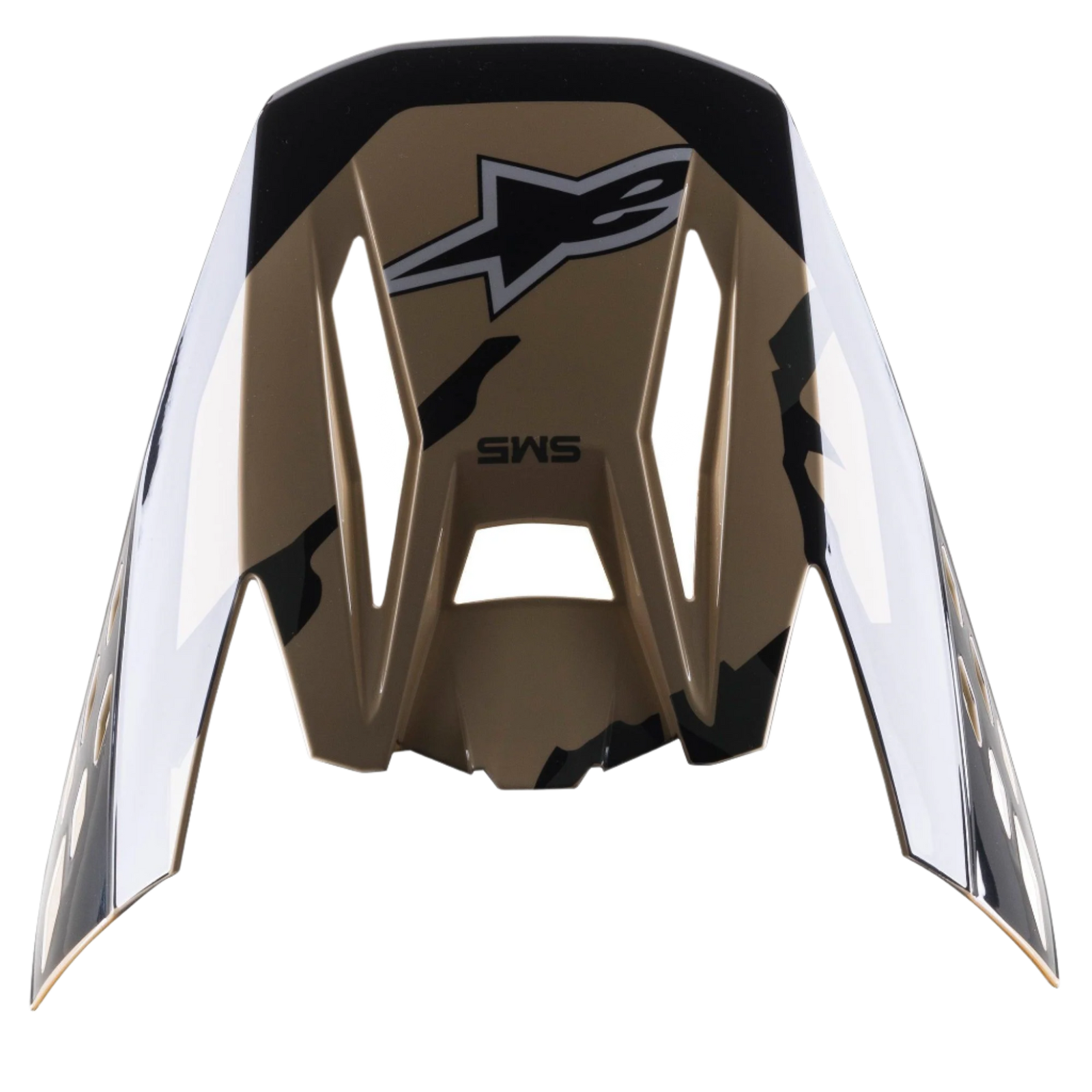 Alpinestars S-M5 Rover Vizier, vervangende helmklep, Sand Tangerine Camo Glossy, bruine basis met zwarte camouflage-accenten, voorzien van Alpinestars-logo en SM5-branding, hoekig ontwerp voor motorcrosshelmen