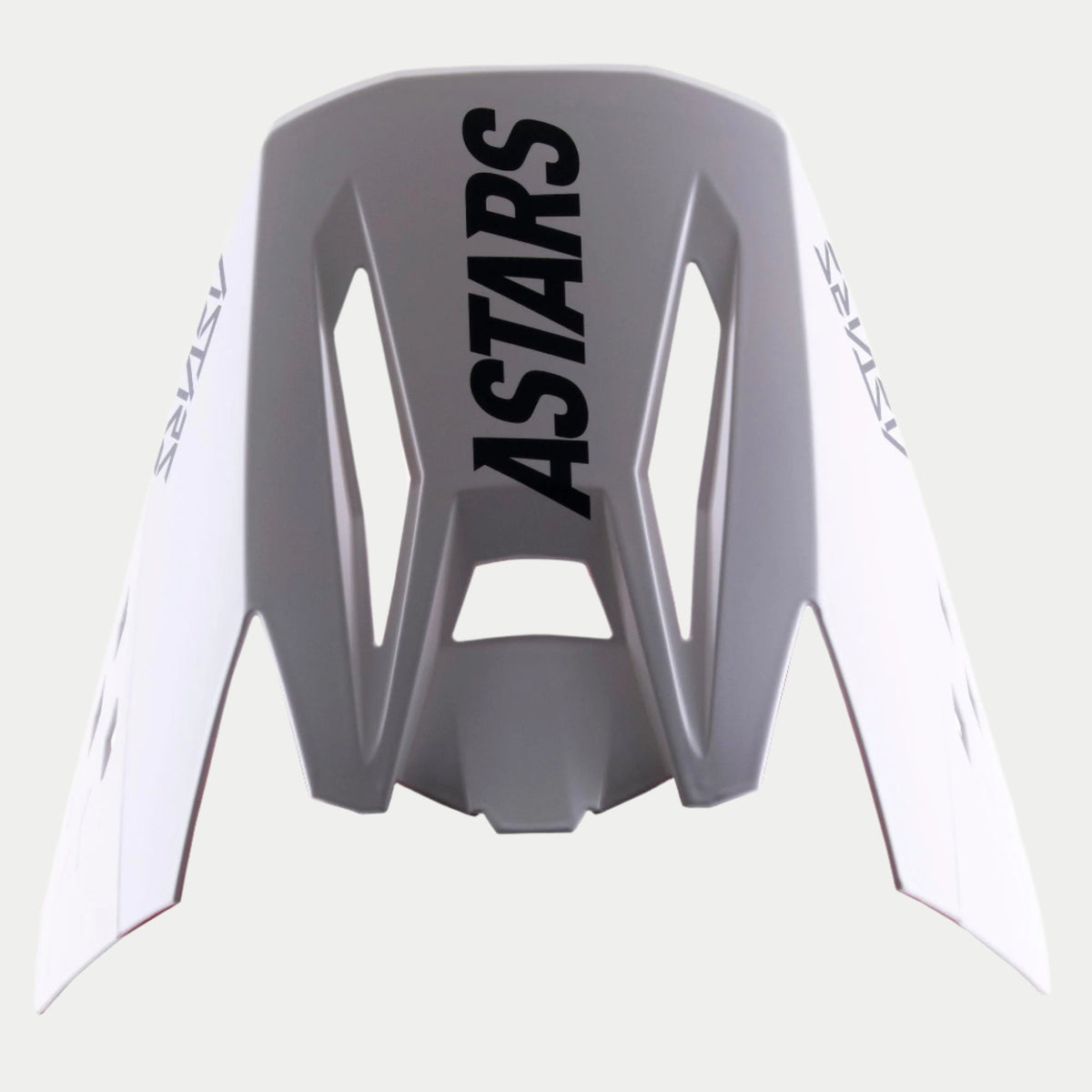 Alpinestars S-M5 Rayon Vizier, vervangende motocross helmklep, grijs met opvallende zwarte ASTARS-branding op de boven- en zijkanten, matte afwerking, hoekig ontwerp met ventilatieopeningen voor off-road prestaties