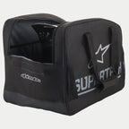Alpinestars Supertech Semi Rigid helm tas, zwarte motorcross helmtas met zilveren branding, duurzame draaghandgrepen en een veilige semi-stijve constructie