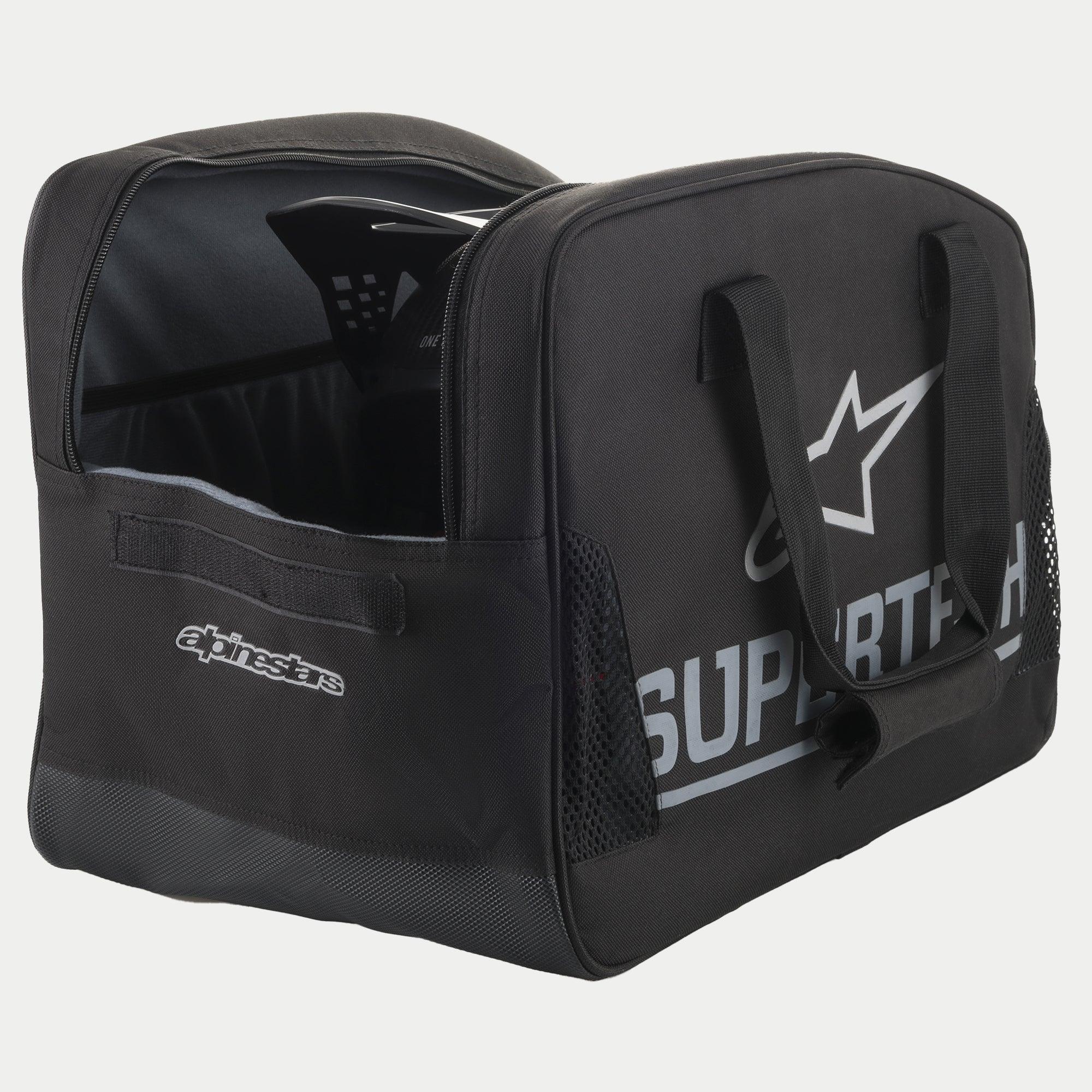 Alpinestars Supertech Semi Rigid helm tas, zwarte motorcross helmtas met zilveren branding, duurzame draaghandgrepen en een veilige semi-stijve constructie