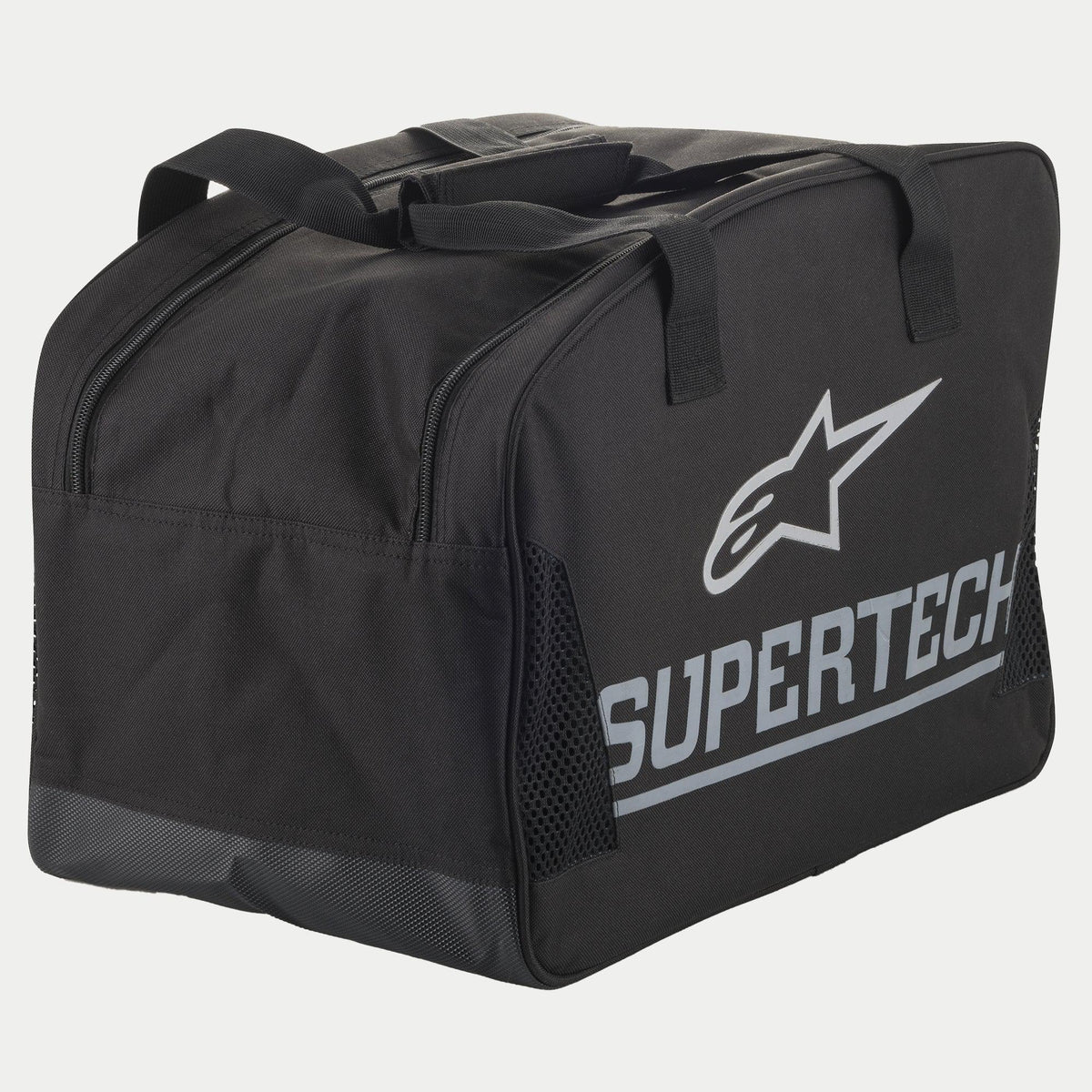 Alpinestars Supertech semi-rigide helmtafel, zwart en zilver, met duurzame constructie en stevige handgrepen voor motorbeschermingsuitrusting