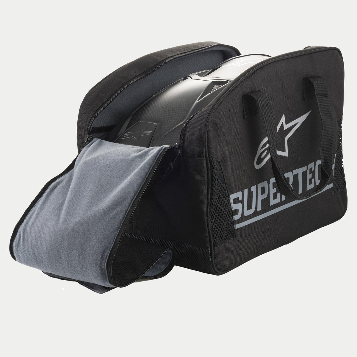 Alpinestars Supertech semi-rigide helmopbergtas, zwarte semi-rigide beschermende motorhelmopbergtas met een groot zilveren logo en zachte binnenvoering