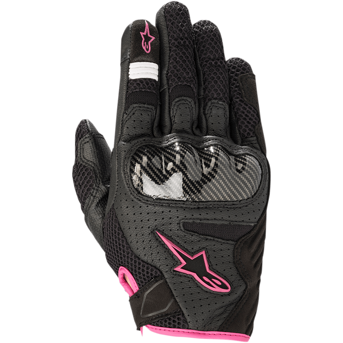 Alpinestars Stella SMX-1 Air V2 dames motorhandschoenen, zwart met fuchsia roze accenten, knokkelbeschermer met koolstofvezelstructuur, geperforeerd leer en air-mesh constructie voor ventilatie, kort manchetontwerp