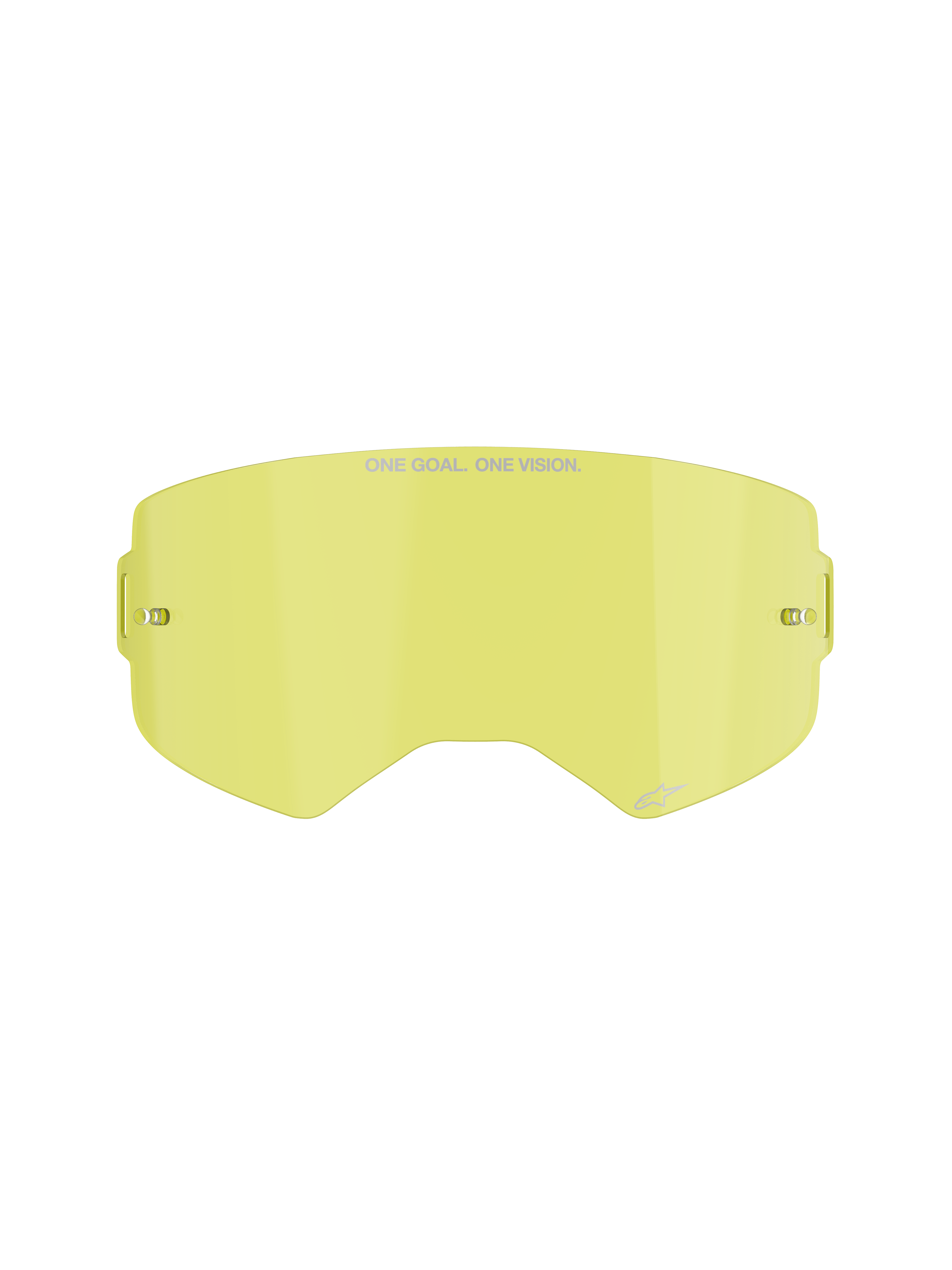 Alpinestars Supertech Clear Lens, vervangingslens voor motorcrossbril, gele tint, voorzien van "ONE GOAL. ONE VISION." branding, geïntegreerde tear-off posts, transparante slagvaste polycarbonaatconstructie.