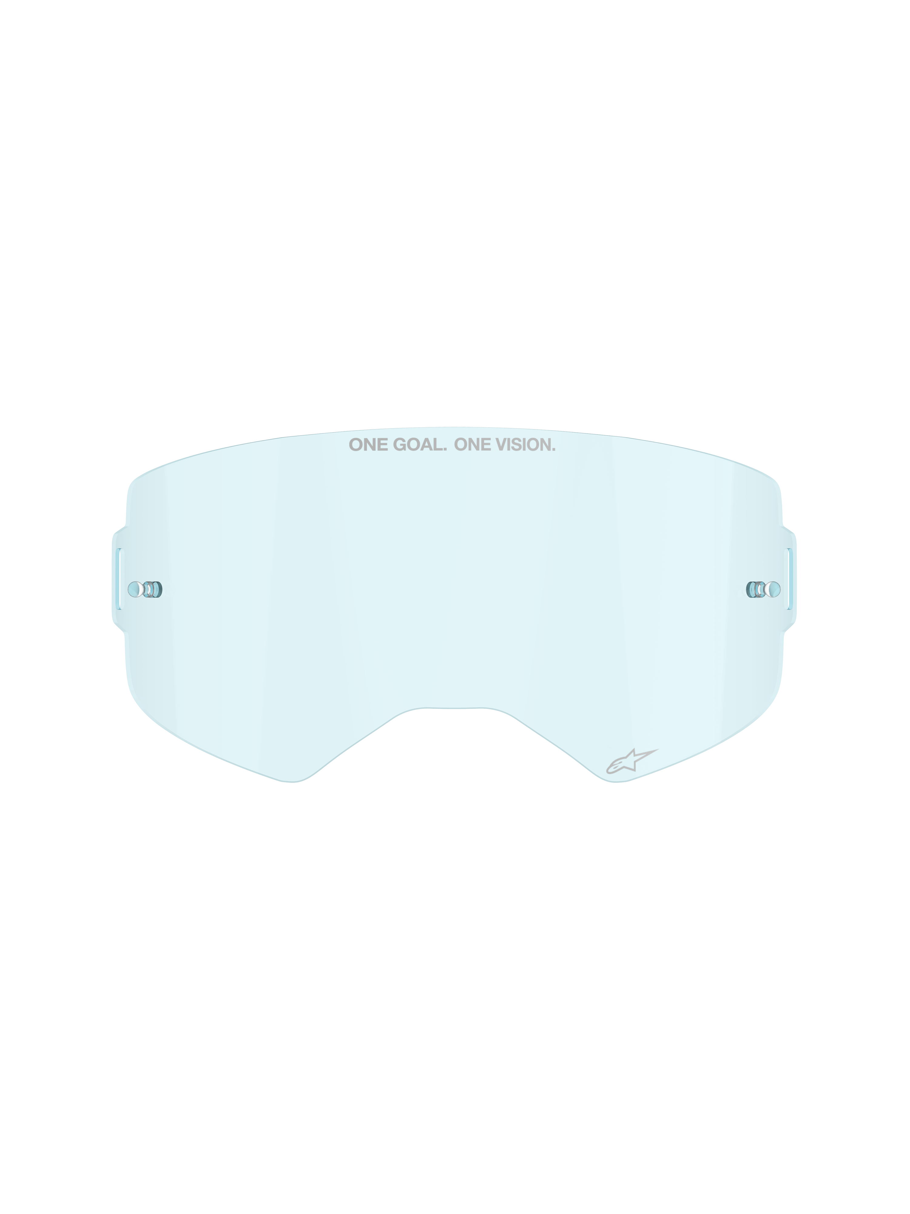 Alpinestars Supertech Clear Lens in Clear Blue, vervangende lens voor motorcrossbrillen, met ONE GOAL ONE VISION-branding en geïntegreerde tear-off posts, gebogen slagvast polycarbonaat ontwerp