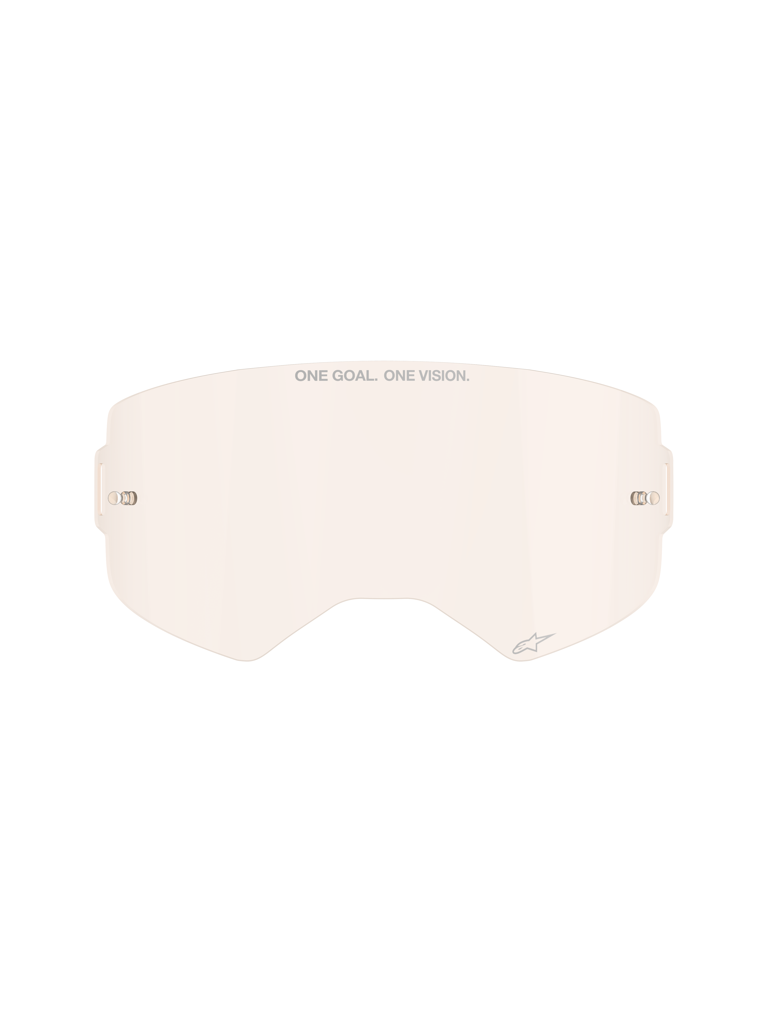 Alpinestars Supertech goggle lens, licht koperroze tint, spuitgegoten polycarbonaat vervangingslens, voorzien van 'ONE GOAL. ONE VISION.' opdruk en klein sterlogo, geïntegreerde tear-off pinnen, accessoire voor off-road- en motocrossbrillen