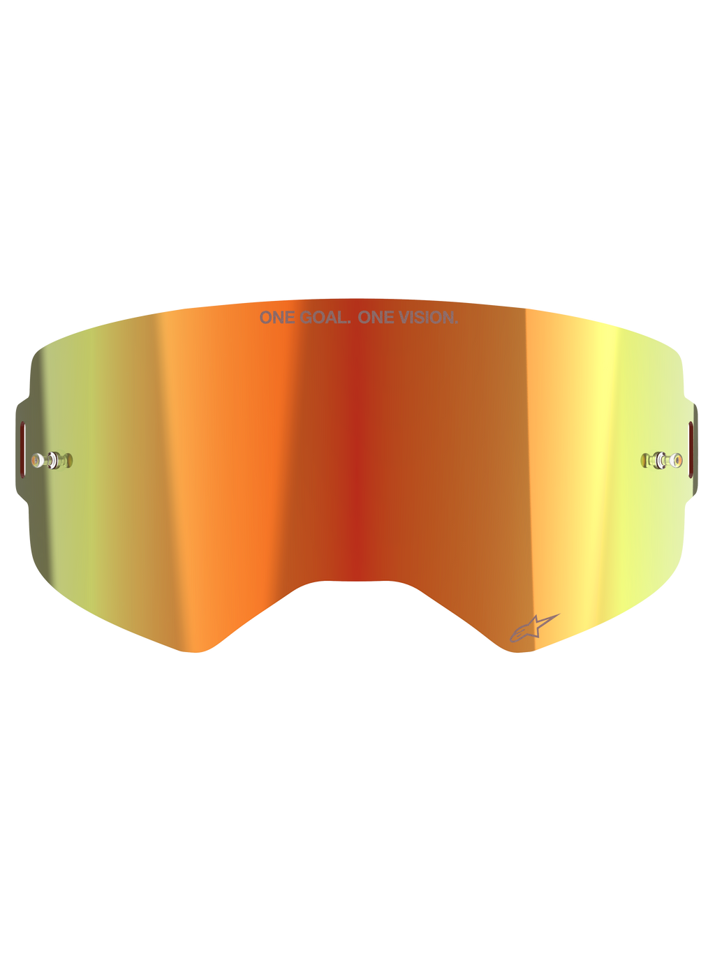 Alpinestars Supertech Mirror Lens, vervangende lens voor motorcrossbril, Mirror Red met oranje en geel kleurverloop, voorzien van "ONE GOAL. ONE VISION." tekst, ingebouwde tear-off pinnen en reflecterende afwerking voor off-road racen