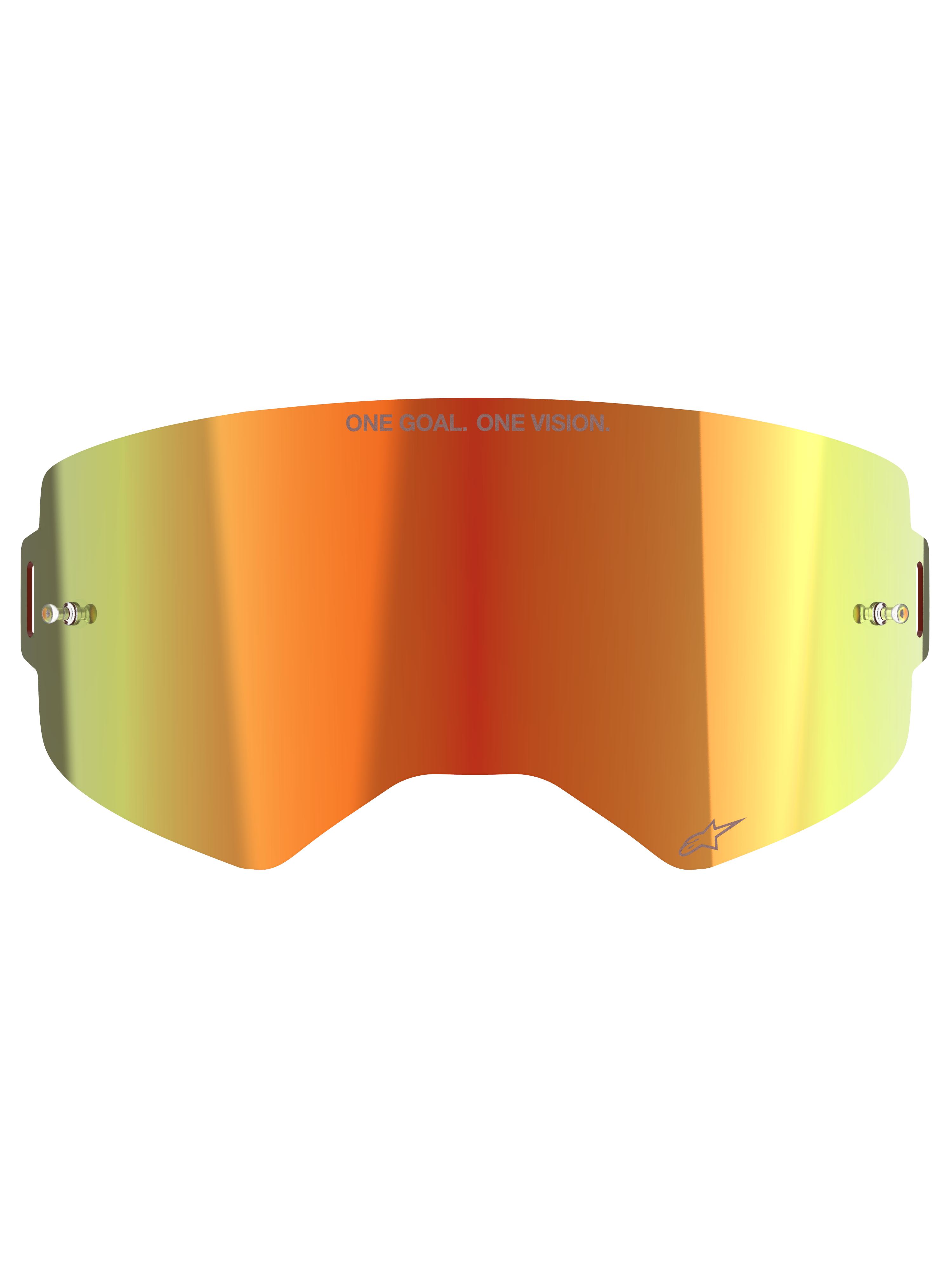 Alpinestars Supertech Mirror Lens, vervangende lens voor motorcrossbril, Mirror Red met oranje en geel kleurverloop, voorzien van "ONE GOAL. ONE VISION." tekst, ingebouwde tear-off pinnen en reflecterende afwerking voor off-road racen