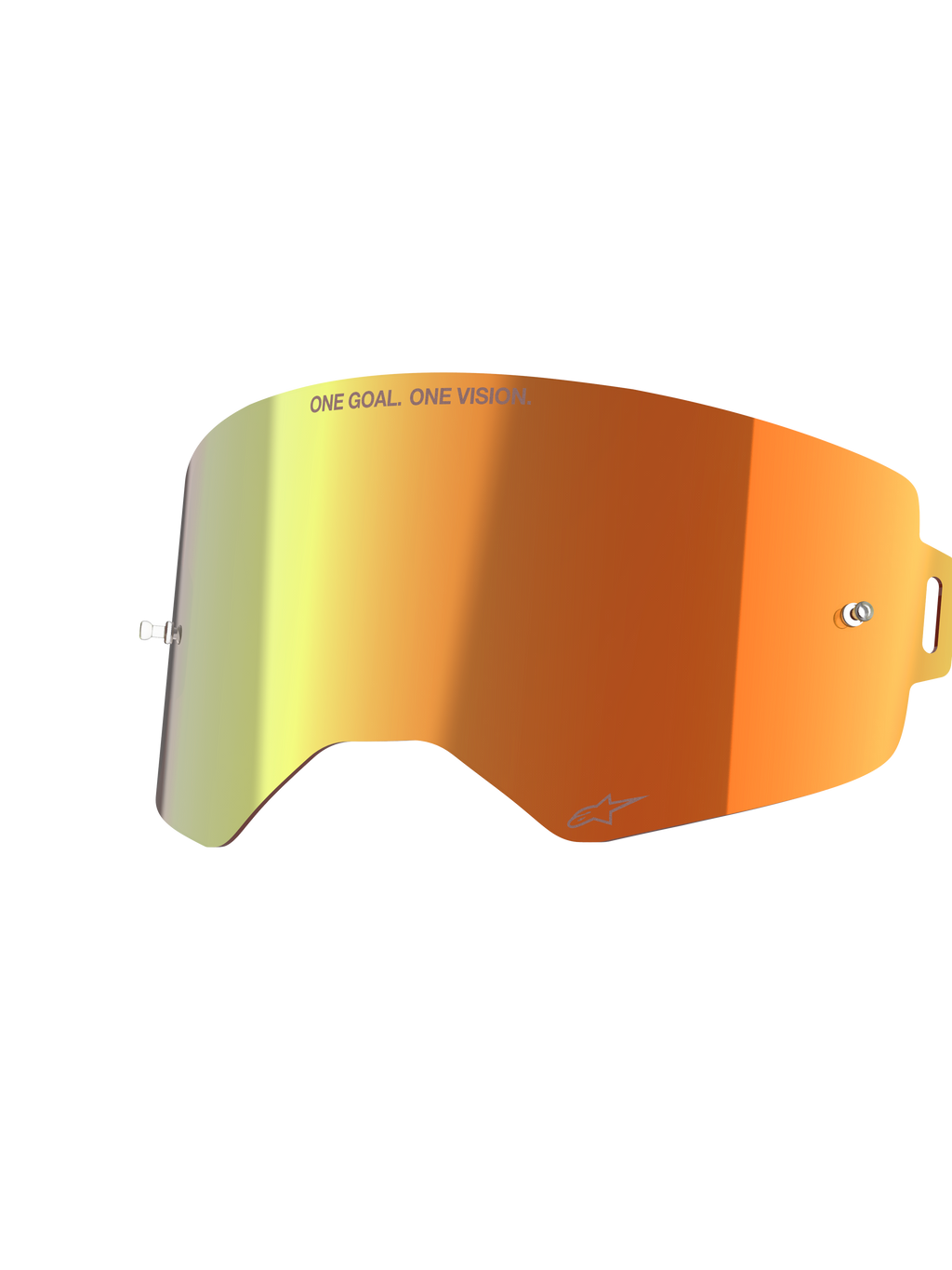 Alpinestars Supertech Mirror Lens, vervangingsaccessoire voor crossbrillen, Mirror Red met oranje en geel kleurverloop, voorzien van 'ONE GOAL. ONE VISION.' tekst en Alpinestars-logo, reflecterende afwerking met tear-off pinnen voor motorcross
