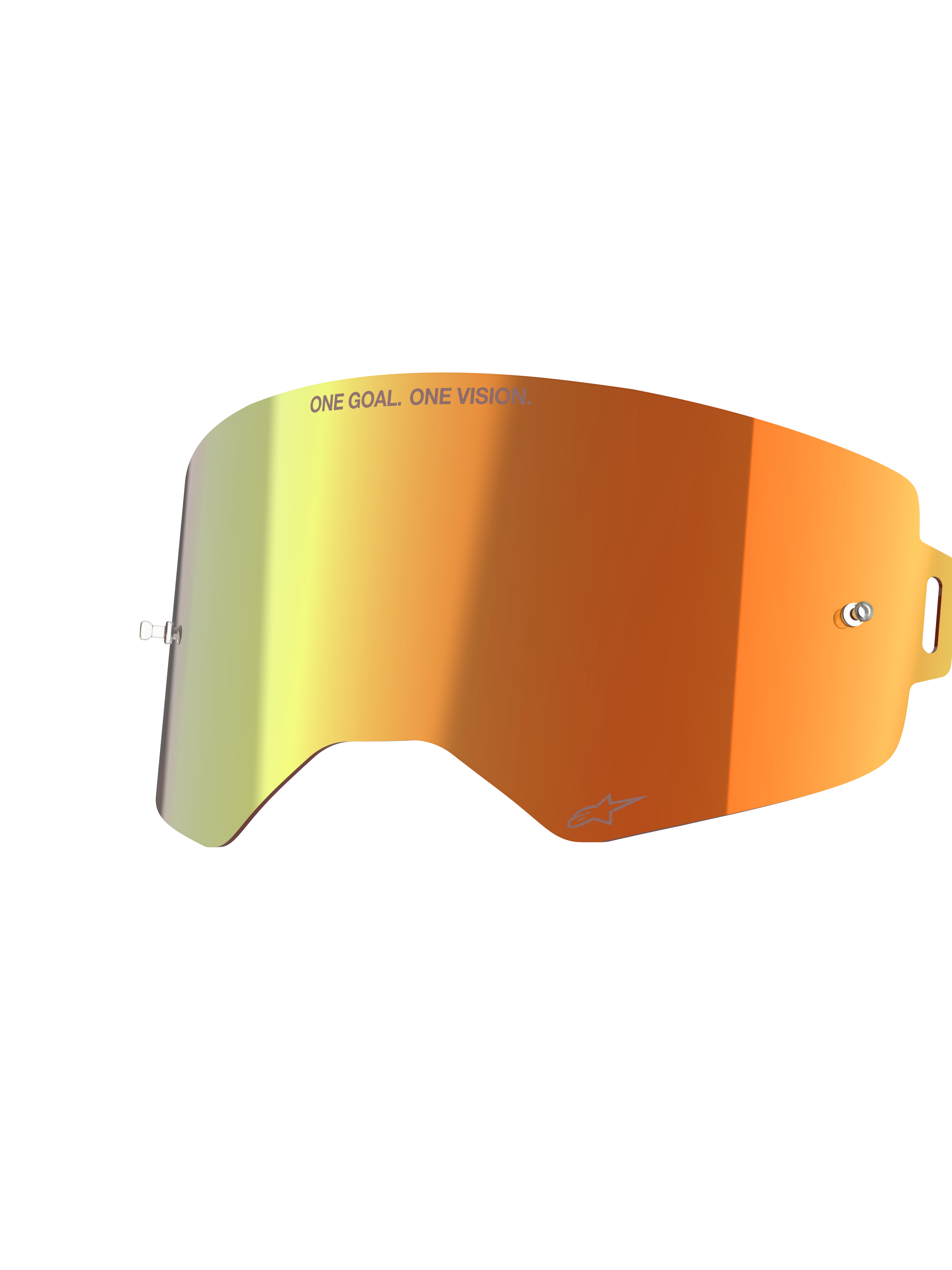 Alpinestars Supertech Mirror Lens, vervangingsaccessoire voor crossbrillen, Mirror Red met oranje en geel kleurverloop, voorzien van 'ONE GOAL. ONE VISION.' tekst en Alpinestars-logo, reflecterende afwerking met tear-off pinnen voor motorcross