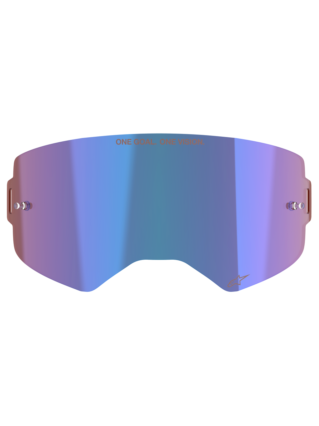Alpinestars Supertech Mirror Lens, accessoire voor motorcrossbril, spiegelblauw met paarse tinten, voorzien van Absolute Vision™-technologie, geïntegreerde tear-off posts en 'ONE GOAL. ONE VISION.' slogan aan de bovenzijde.