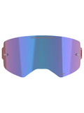 Alpinestars Supertech Mirror Lens, accessoire voor motorcrossbril, spiegelblauw met paarse tinten, voorzien van Absolute Vision™-technologie, geïntegreerde tear-off posts en 'ONE GOAL. ONE VISION.' slogan aan de bovenzijde.