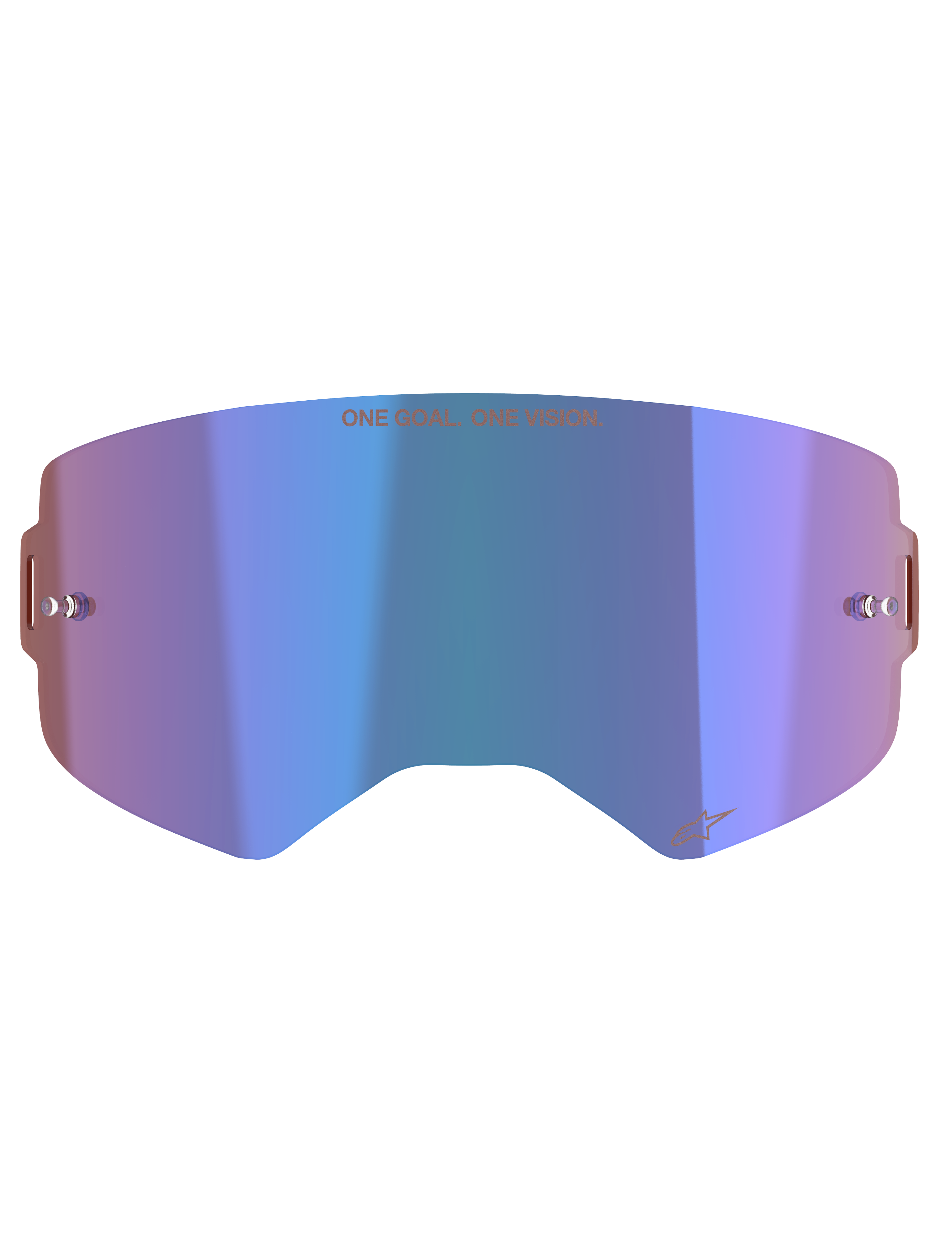 Alpinestars Supertech Mirror Lens, accessoire voor motorcrossbril, spiegelblauw met paarse tinten, voorzien van Absolute Vision™-technologie, geïntegreerde tear-off posts en 'ONE GOAL. ONE VISION.' slogan aan de bovenzijde.