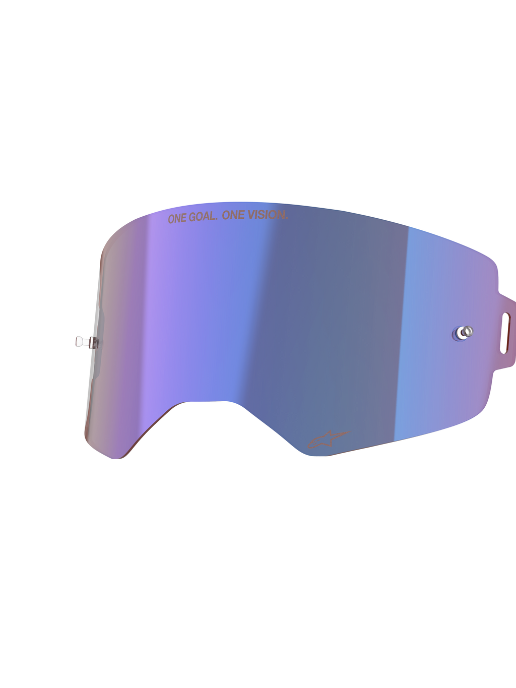 Alpinestars Supertech Mirror Lens, vervangingslens voor motorcrossbril, spiegelblauw met paarse iriserende afwerking, voorzien van geïntegreerde tear-off pinnen, "ONE GOAL. ONE VISION." tekst aan de bovenkant en Alpinestars-logo aan de onderkant, helder polycarbonaat voor off-road racen