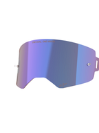 Alpinestars Supertech Mirror Lens, vervangingslens voor motorcrossbril, spiegelblauw met paarse iriserende afwerking, voorzien van geïntegreerde tear-off pinnen, "ONE GOAL. ONE VISION." tekst aan de bovenkant en Alpinestars-logo aan de onderkant, helder polycarbonaat voor off-road racen