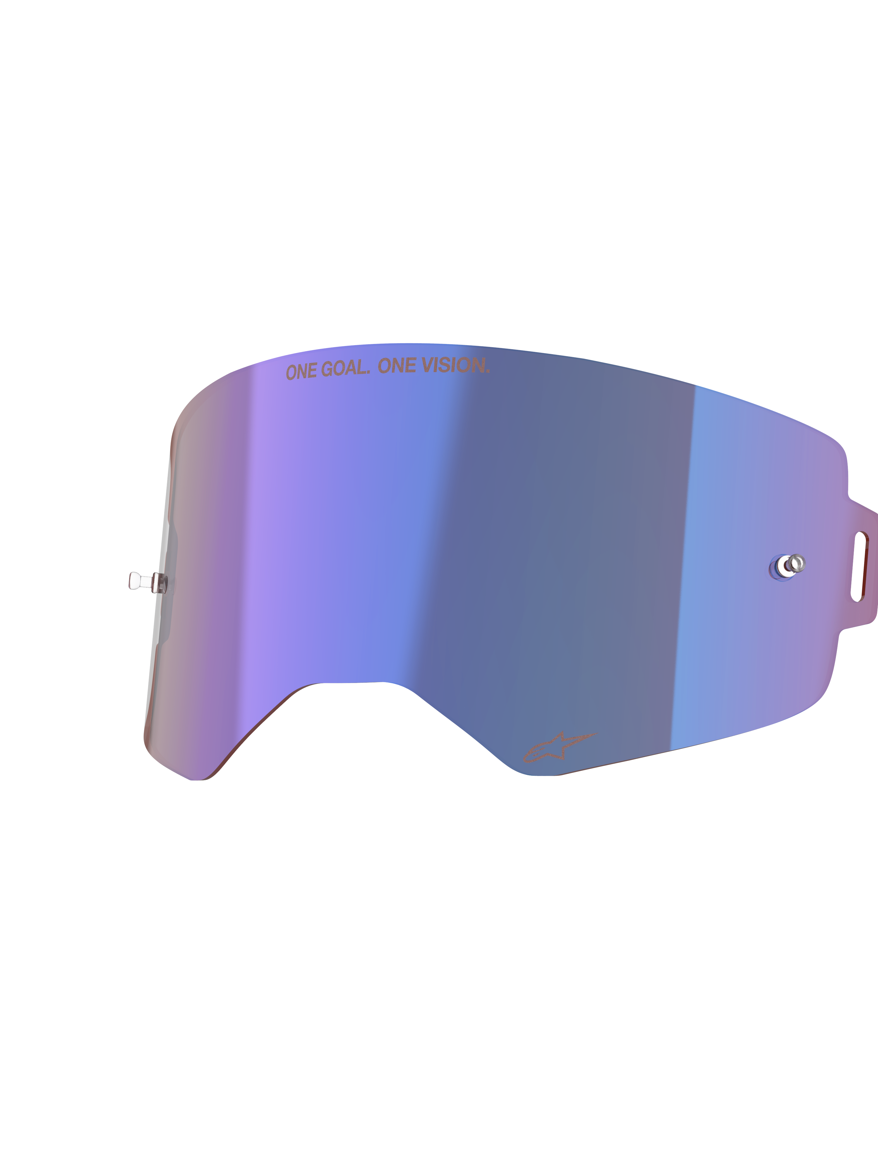 Alpinestars Supertech Mirror Lens, vervangingslens voor motorcrossbril, spiegelblauw met paarse iriserende afwerking, voorzien van geïntegreerde tear-off pinnen, "ONE GOAL. ONE VISION." tekst aan de bovenkant en Alpinestars-logo aan de onderkant, helder polycarbonaat voor off-road racen
