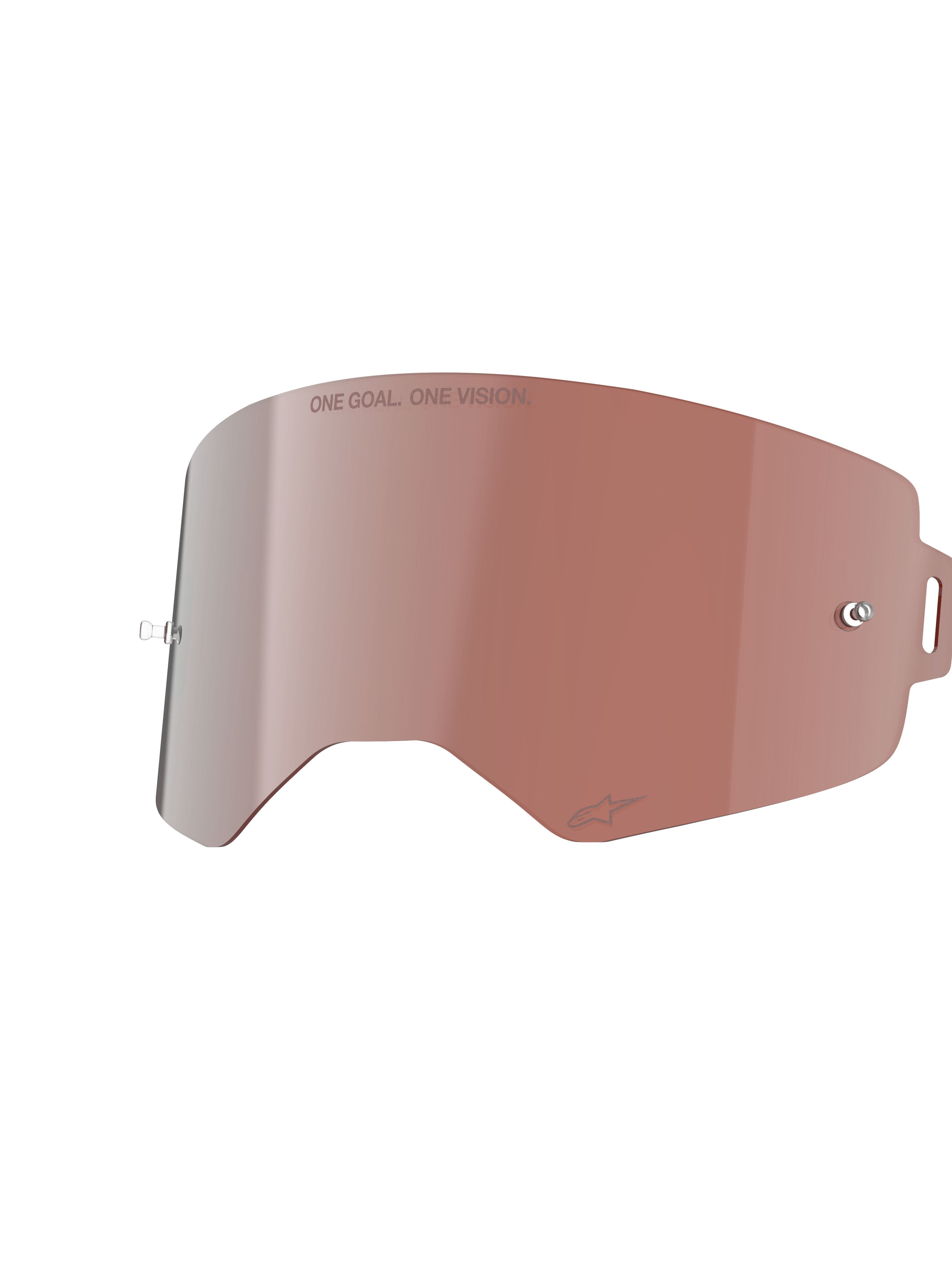 Alpinestars Supertech Spiegel Lens, vervangende lens voor crossbril, Mirror Silver met warmgekleurde tint, voorzien van 'ONE GOAL. ONE VISION.' tekst en tear-off posts, duurzame polycarbonaat constructie voor motorcross en off-road racing.
