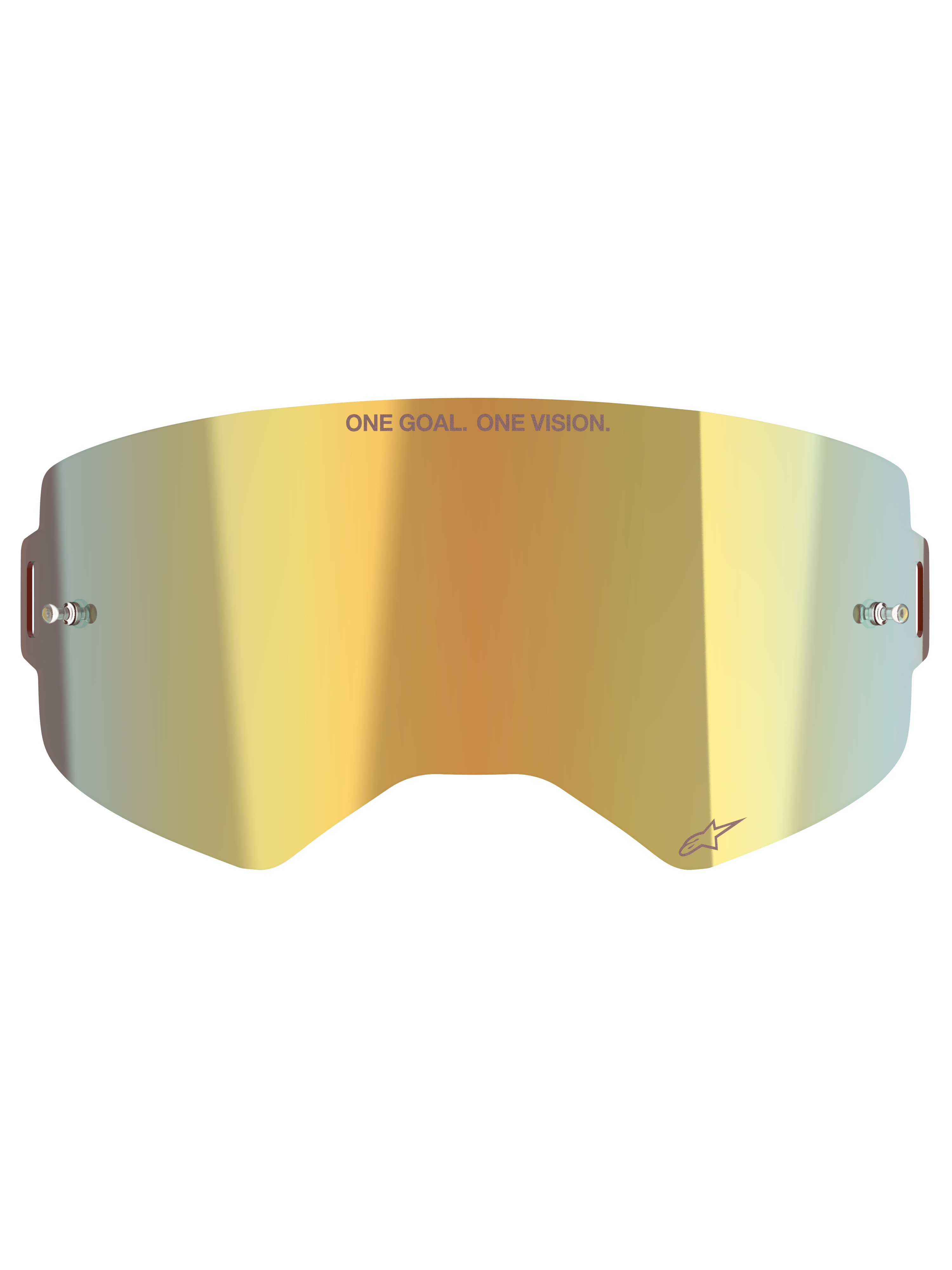 Alpinestars Supertech Spiegellens, vervangende lens voor crossbril, Mirror Gold afwerking, voorzien van 'ONE GOAL. ONE VISION.' tekst en Alpinestars-logo, inclusief tear-off pinnen aan de zijkant, duurzaam polycarbonaat voor off-road racing