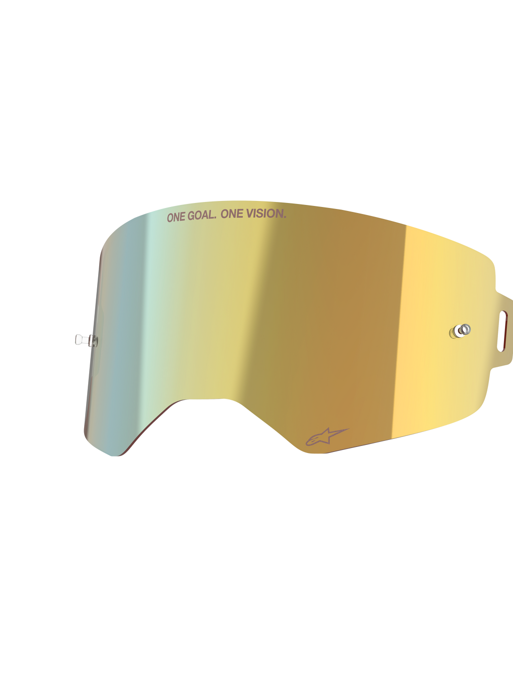 Alpinestars Supertech Spiegellens, Mirror Gold, reflecterende vervangende brillens met geïntegreerde tear-off posts en 'ONE GOAL. ONE VISION.' tekst, hoogwaardig motorcross accessoire.